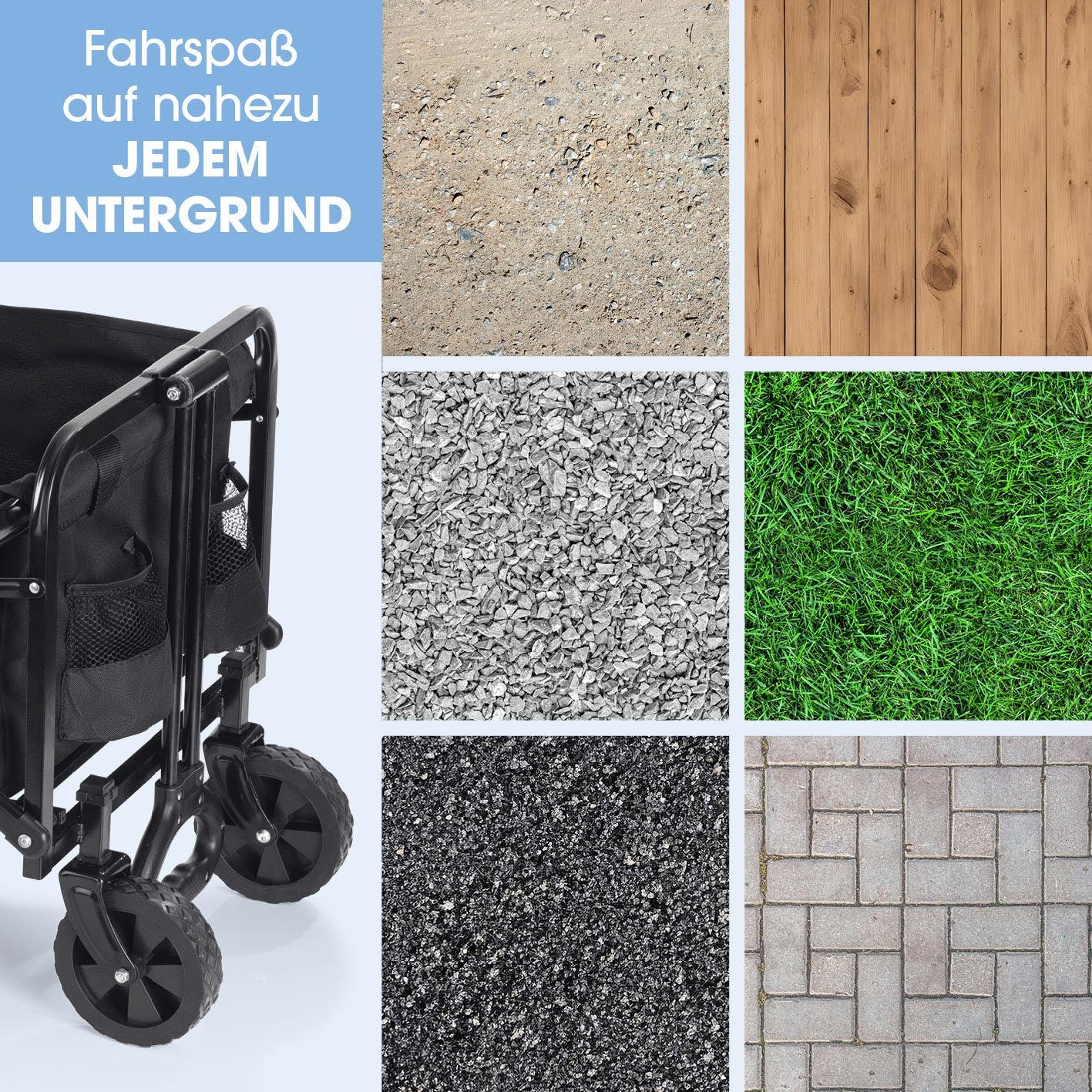 Bollerwagen mit kleinen Rädern - faltbar auf verschiedenen Untergründen mit robustem Stahlrohrrahmen und 360° drehbaren Vorderrädern.
