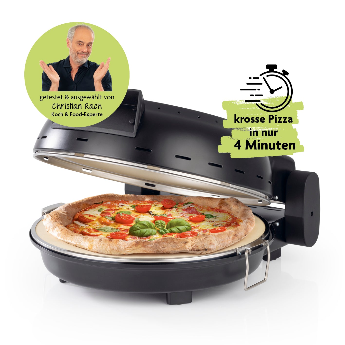 Pizza Maker mit Temperatureinstellung inkl. herausnehmbarem Pizzastein in schwarz matt mit frischer, knuspriger Pizza in 4 Minuten