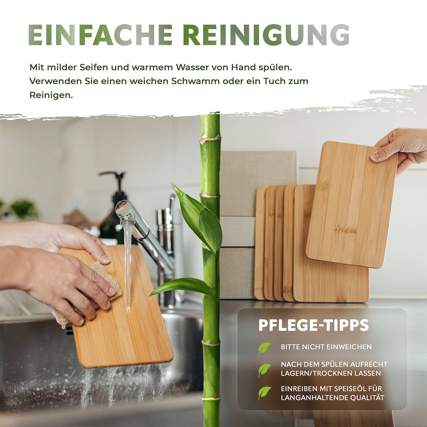 Schneidebretter aus Bambus - 6er-Set mit einfacher Handreinigung, schonend für Messer, pflegeleicht und stapelbar in modernem Design.