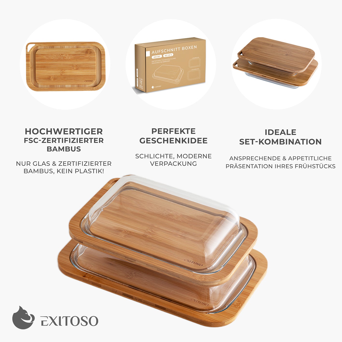 Multifunktionsbrett mit Glaskuppel - 2er Set aus FSC-zertifiziertem Bambus, stapelbar und plastikfrei für nachhaltige Aufbewahrung.