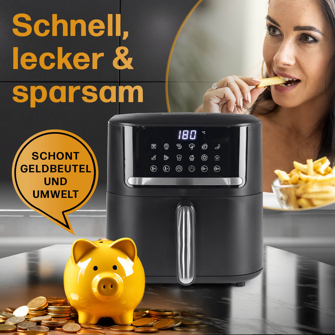 4in1-Heißluftfritteuse - 6 l mit digitalem Display, energiesparend, fettarm und ideal für knusprige, leckere Gerichte.