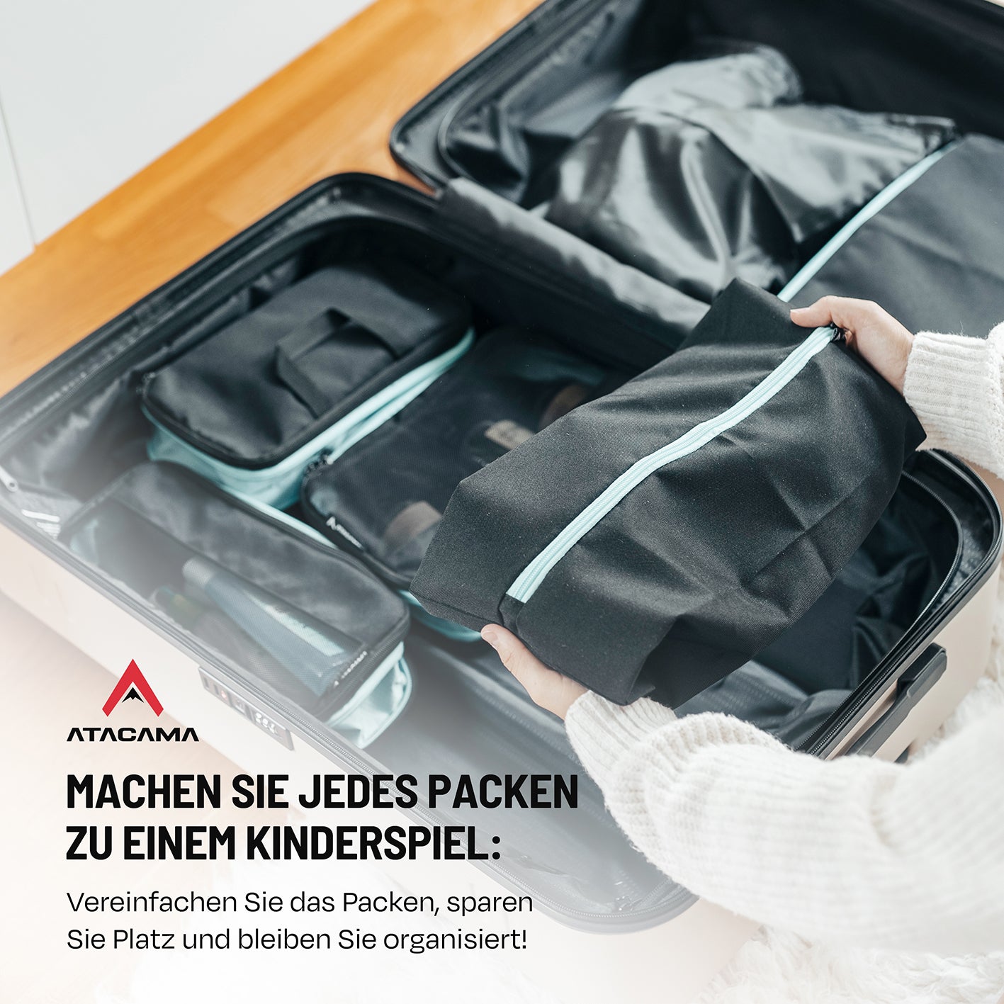 Packtaschen mit Kompression - 8er-Set - Schwarz, leicht, robust mit Nasswäschefach für optimale Organisation im Koffer oder Rucksack.