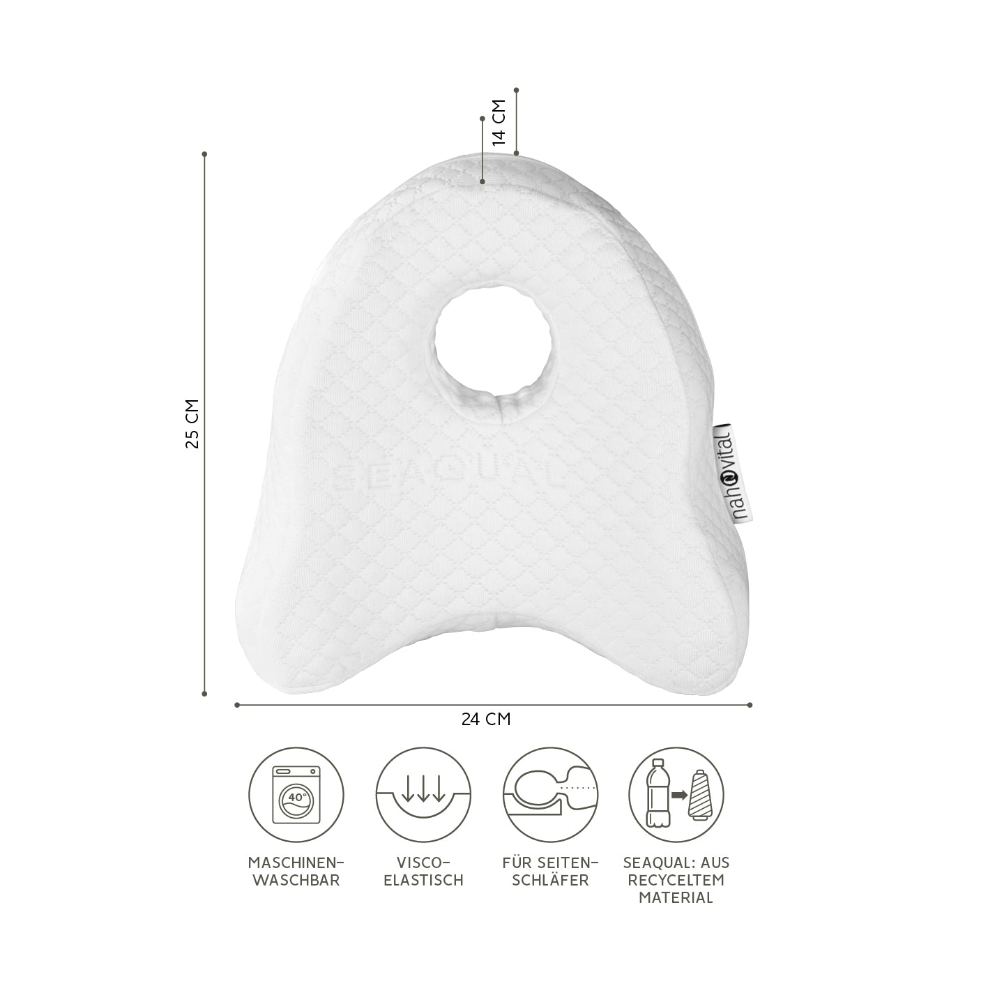 Kniekissen Memory-Schaum - SEAQUAL-Bezug - weiß, viscoelastisch, formbeständig, recyceltes Material, optimal für Seitenschläfer, maschinenwaschbar.