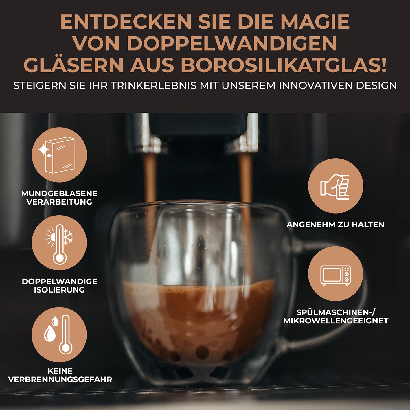 Doppelwandige Gläser - 6er-Set - 80 ml aus Borosilikatglas, isolierend, spülmaschinen- und mikrowellenfest, für heiße und kalte Getränke.