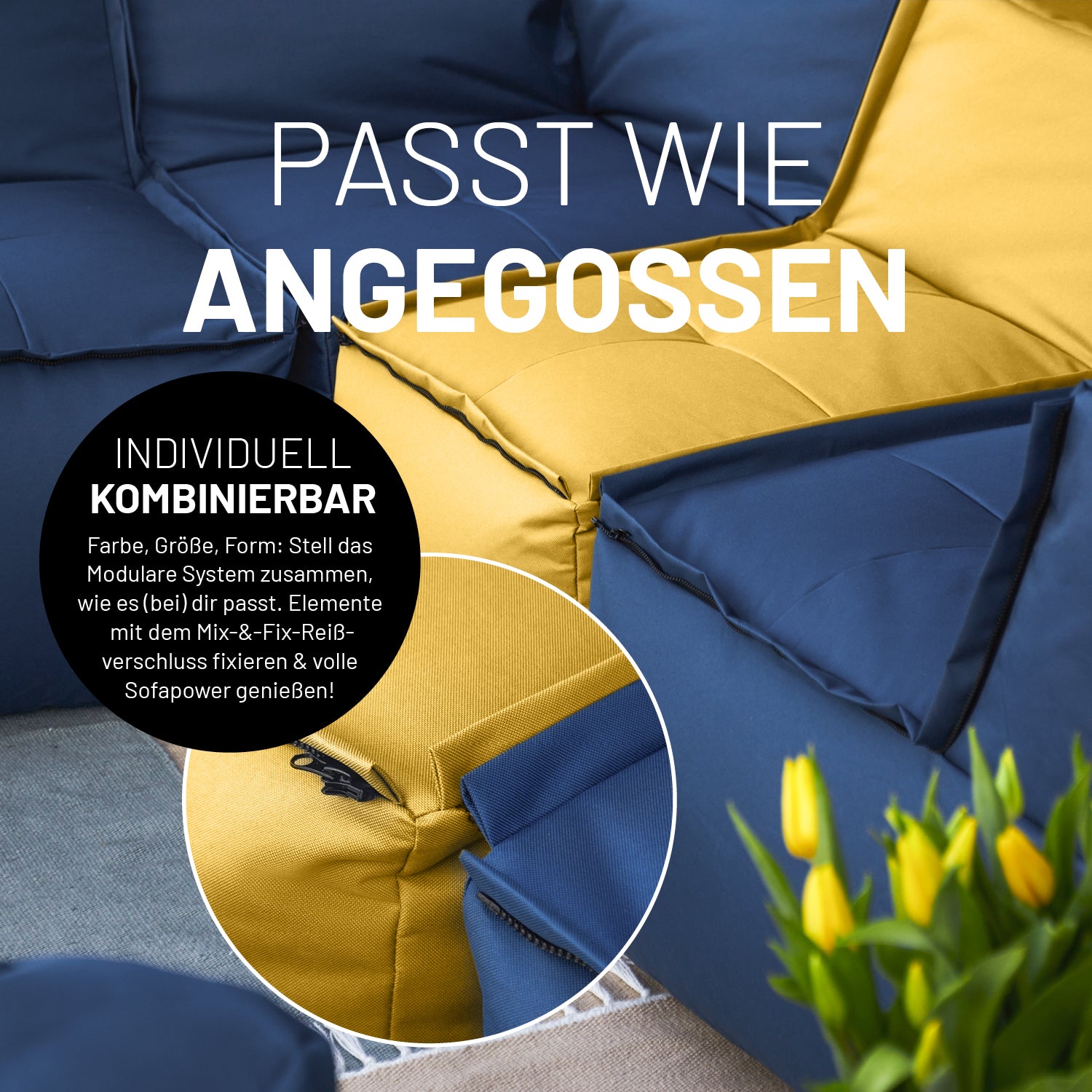 Basic Set (5-tlg.) - Modulares System - In- & outdoor - Senfgelb zeigt vernetzte Module mit Mix-&-Fix-Reißverschluss für individuellen Komfort.