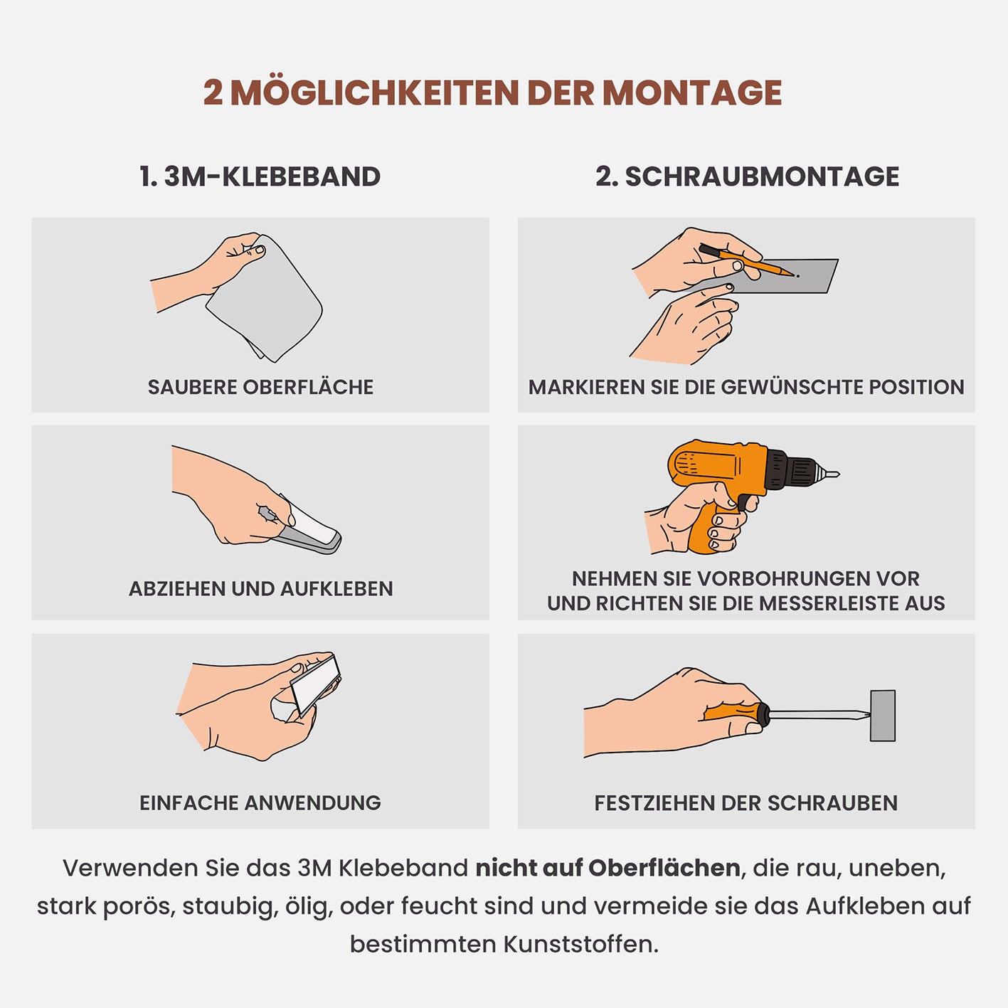 Edelstahl Magnetleiste für Messer - selbstklebend mit 3M-Klebeband oder Schrauben montierbar, einfache und stabile Befestigung.