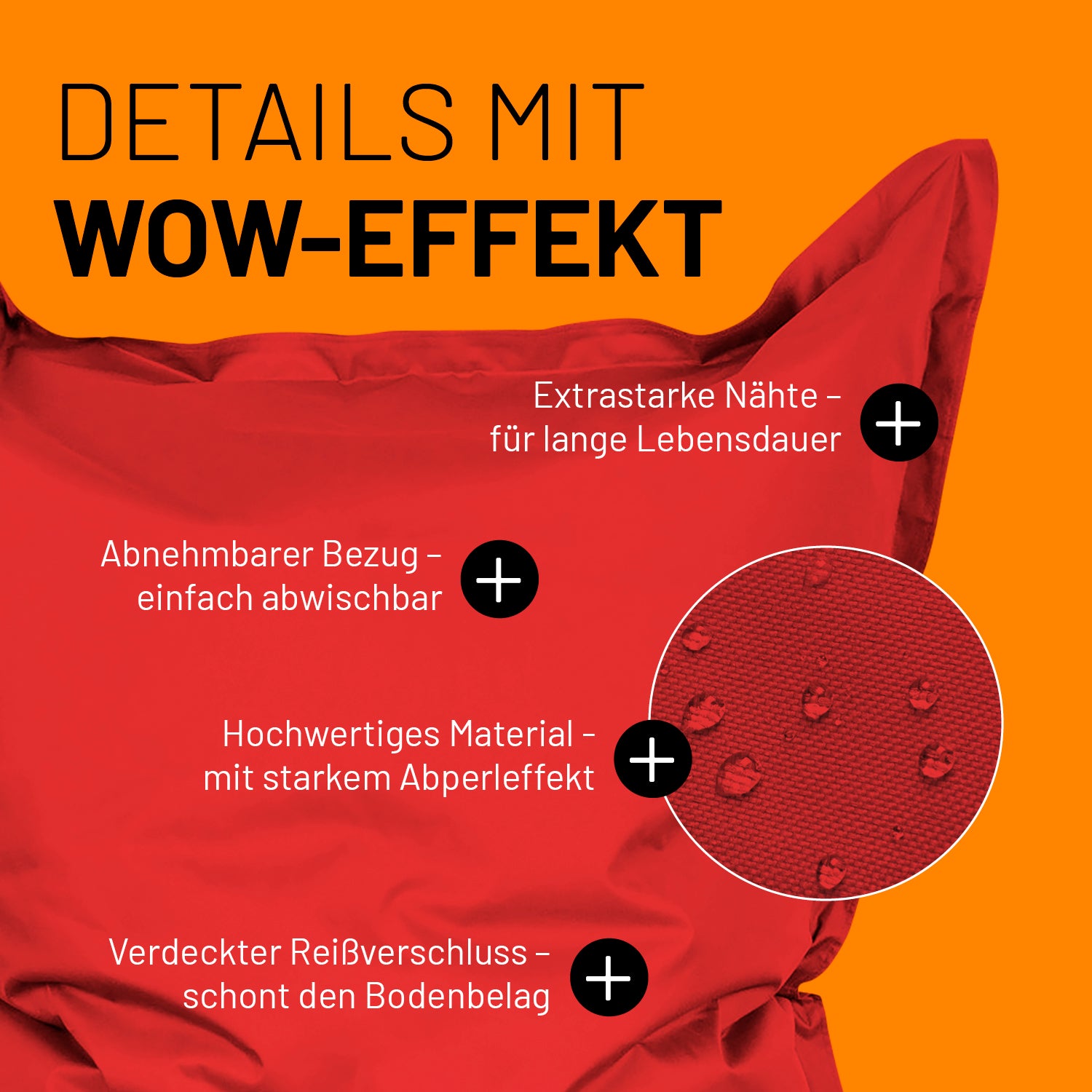 Sitzsack Classic XXL (380 L) in Rot mit extrastarken Nähten, abnehmbarem Bezug, starkem Abperleffekt und verdecktem Reißverschluss.