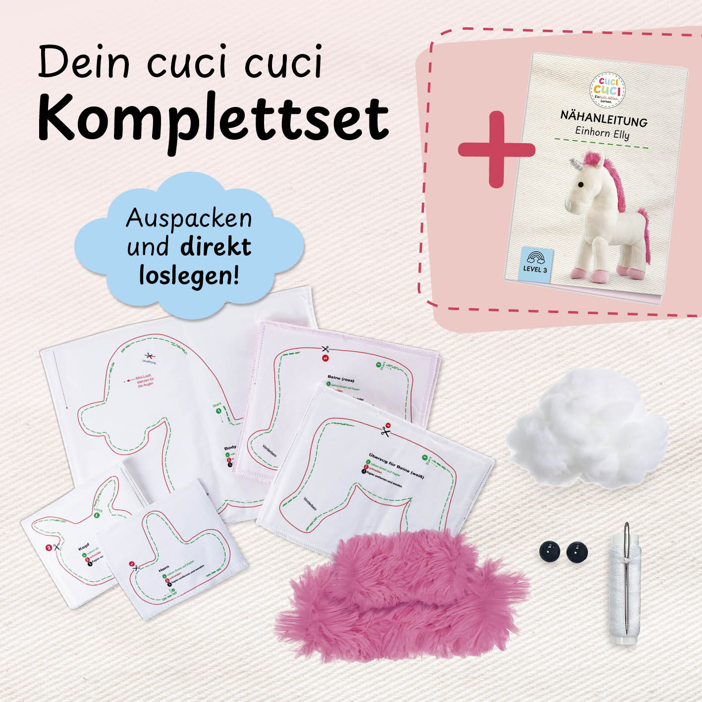 Näh-Baukastenset Motiv Einhorn Elly mit Anleitung, Schnittmuster, Stoff und Zubehör für kinderleichtes Nähen ab Level 3.