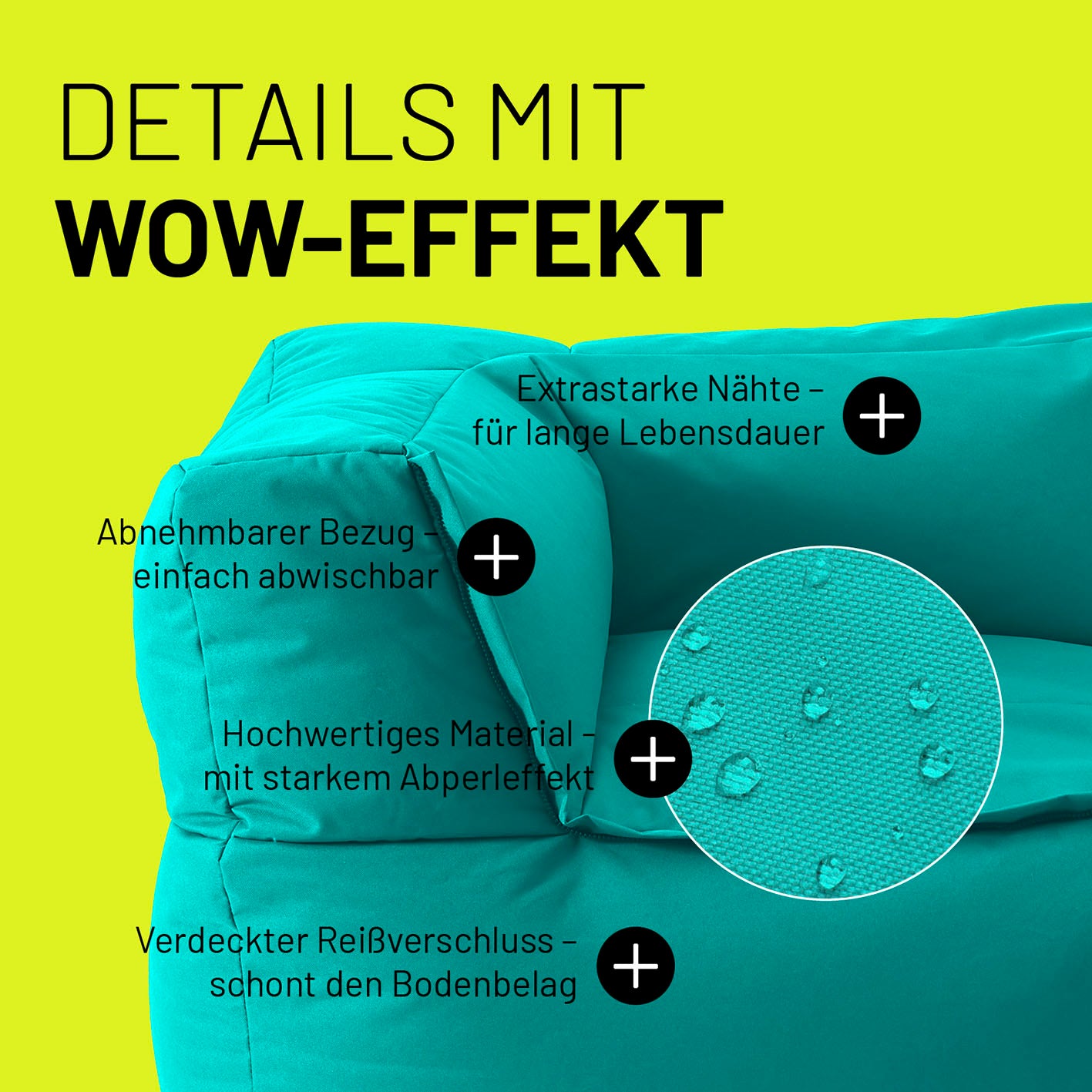 Sitzsack-Sofa Ecke (340 L) Türkis mit abnehmbarem Bezug, extrastarken Nähten, verdecktem Reißverschluss und wasserabweisendem Material.
