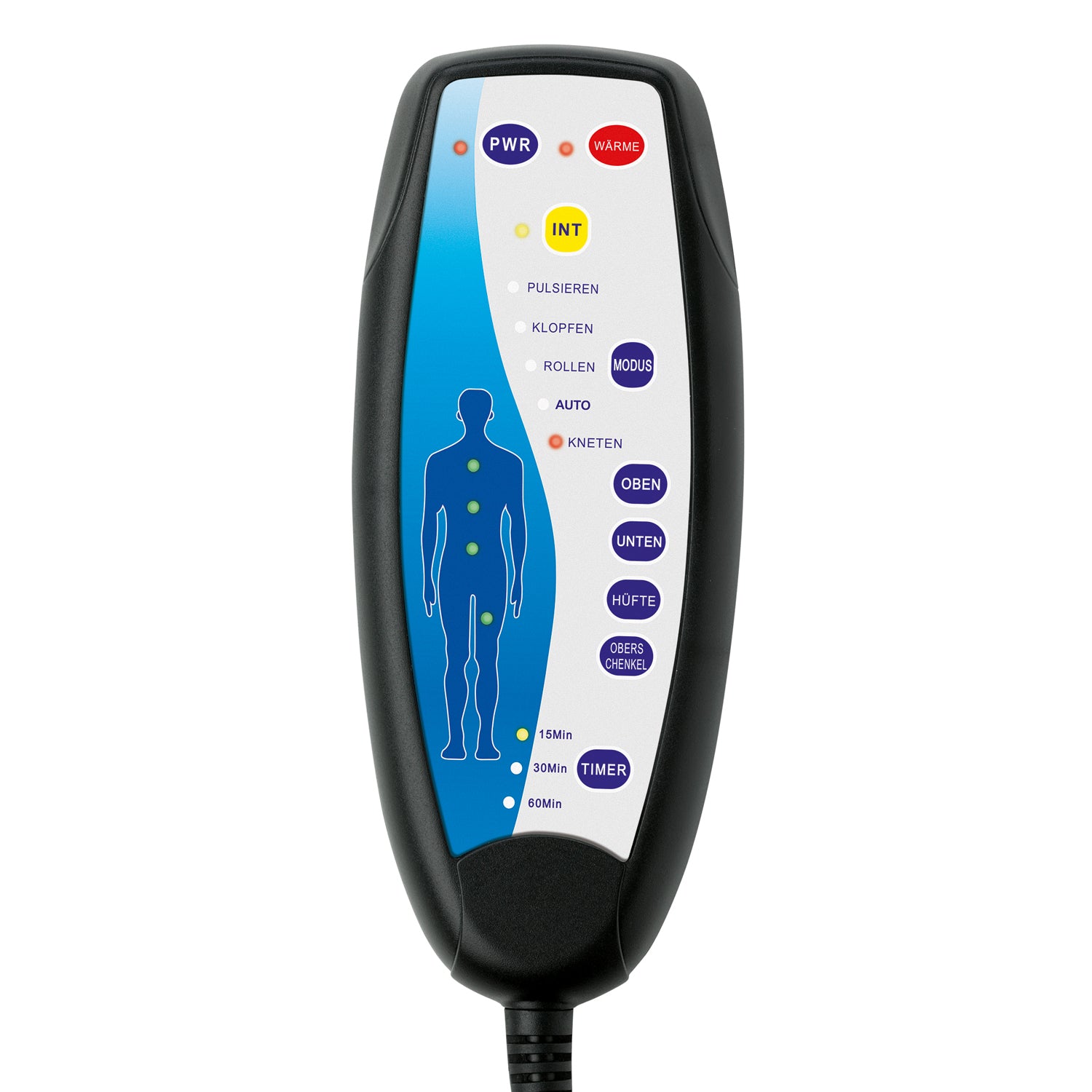 Massagematte mit Wärmefunktion Fernbedienung mit 5 Massagearten, 5 Programmen und Timer für individuelle Massageeinstellungen.