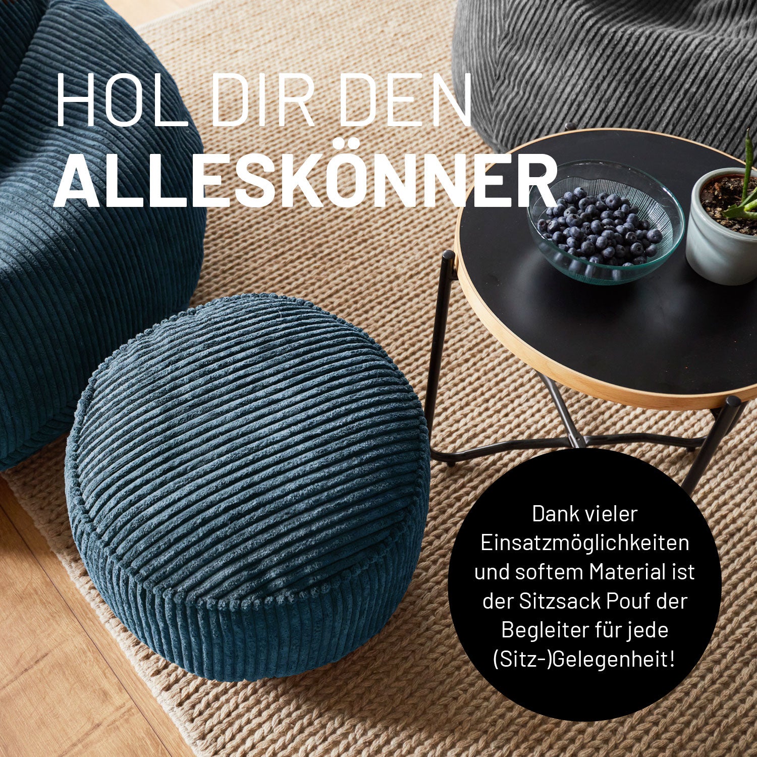 Runder Sitzsack Pouf aus der Cord-Reihe - Navyblau mit softem Bezug vielseitig nutzbar als Hocker, Schemel und Ablagefläche.