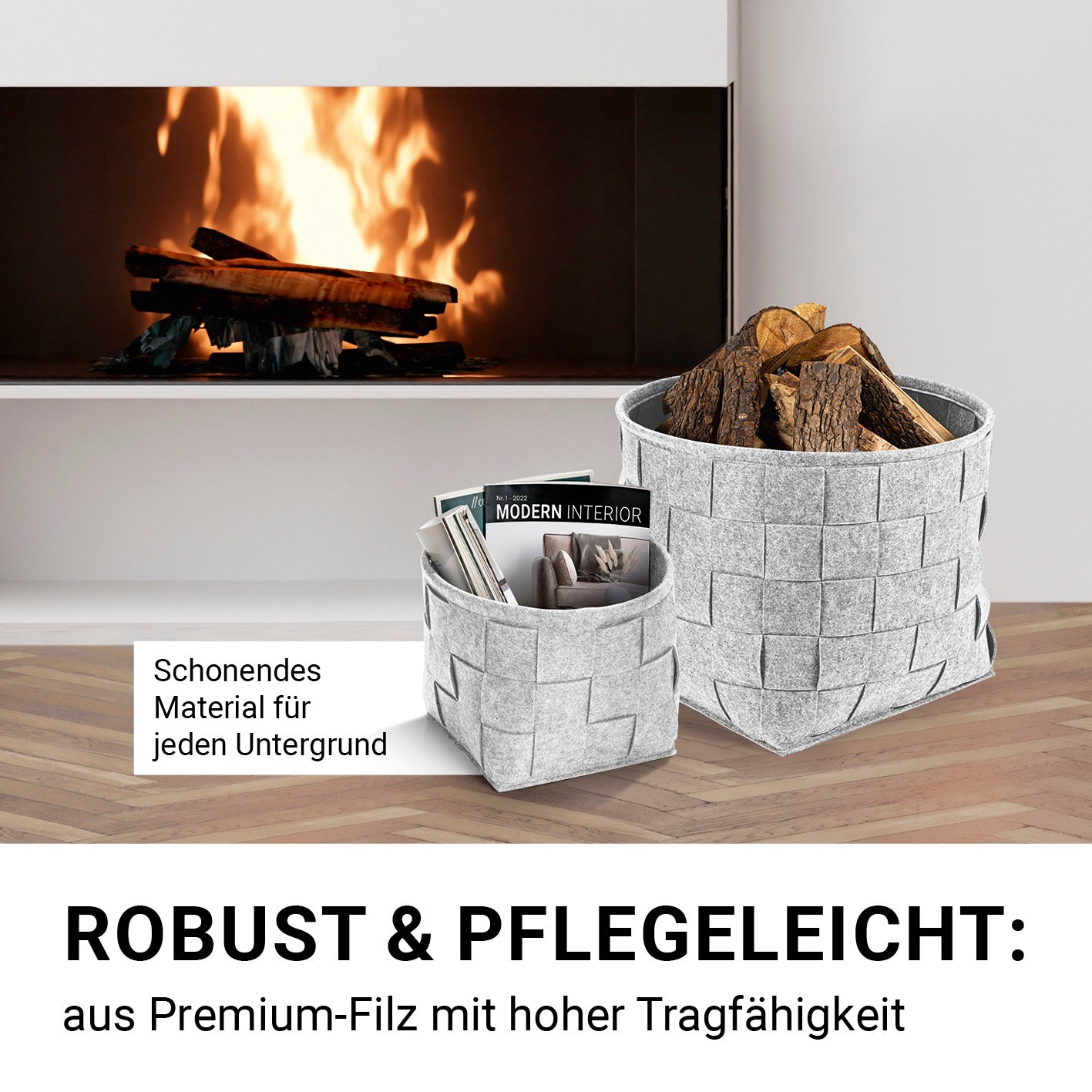 Filz-Aufbewahrungskorb L - 40 x 40 x 40 cm - Hellgrau, moderner, robuster Filzkorb für Holz und Magazine vor Kamin.