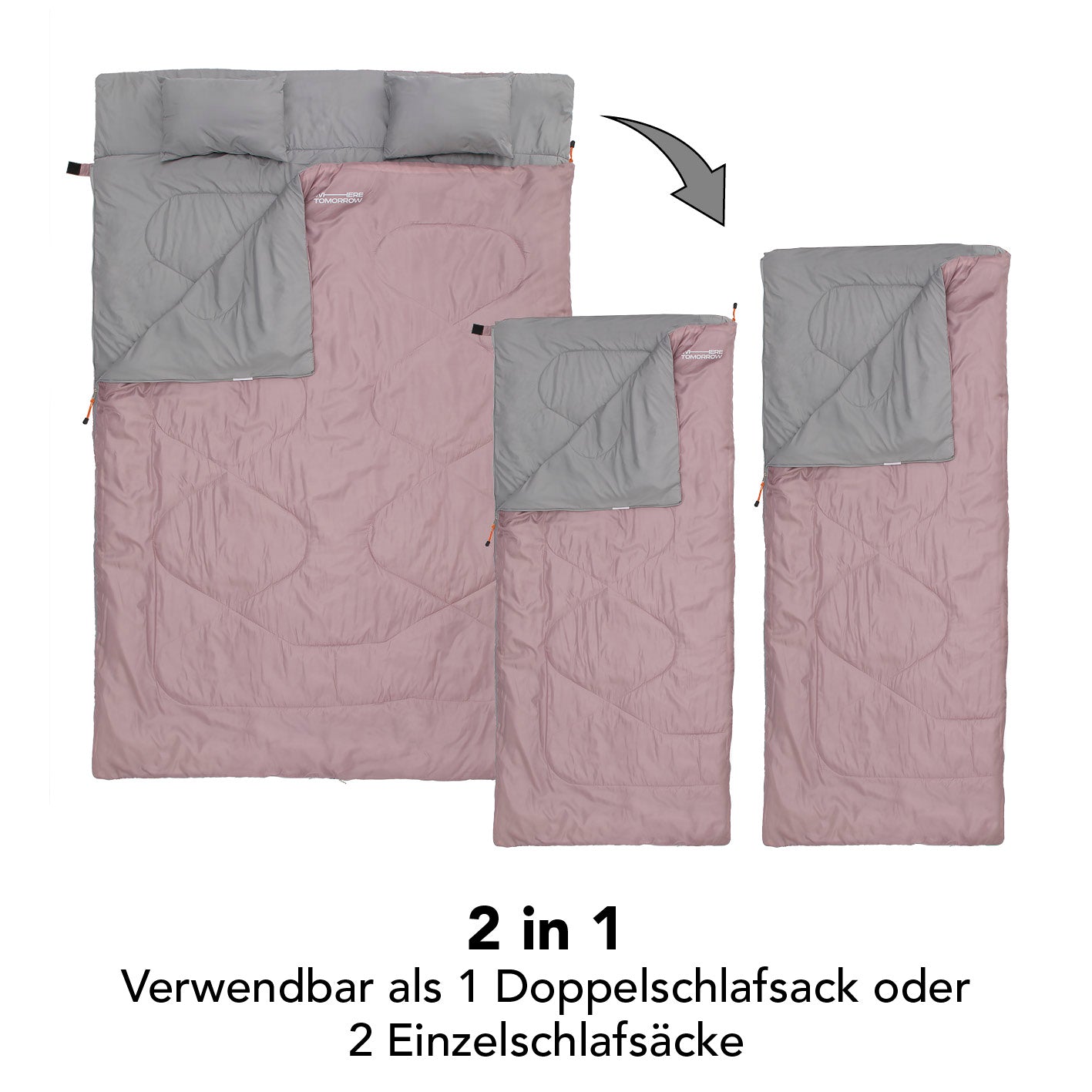 Doppelschlafsack mit Tragetasche - 2-Personen Schlafsack 190x150 cm Rosé, 2in1 als Doppel- oder Einzelschlafsack nutzbar.