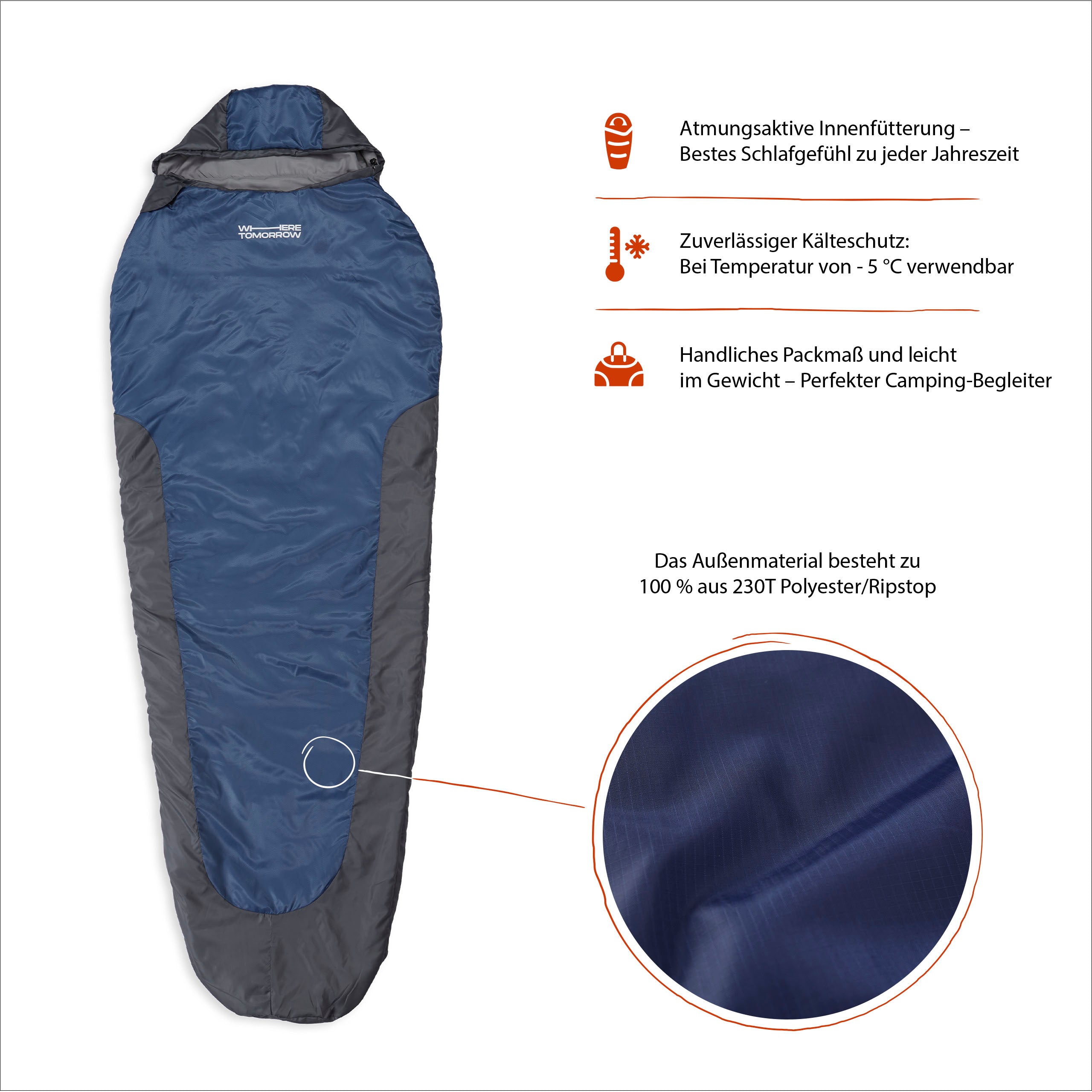Camping Schlafsack Small & Light mit wasserabweisendem Material, atmungsaktiv, -5 °C Kälteschutz, inklusive Packsack und Kissenfach.