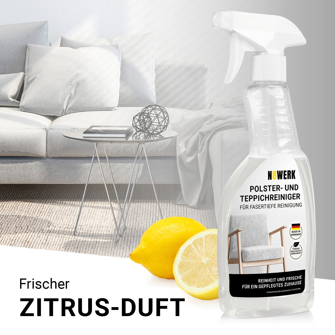 Polster- und Teppichreiniger von N8WERK mit frischem Zitrus-Duft für effektive Reinigung von Polstern und Teppichen. Made in Germany.