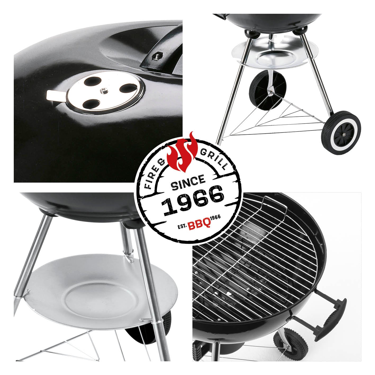 Holzkohle-Kugelgrill mit Ø 41 cm Grillfläche, verchromtem Rost, Lüftungsregler, 3 Stativbeinen und praktischen Rollen für 4-6 Personen.