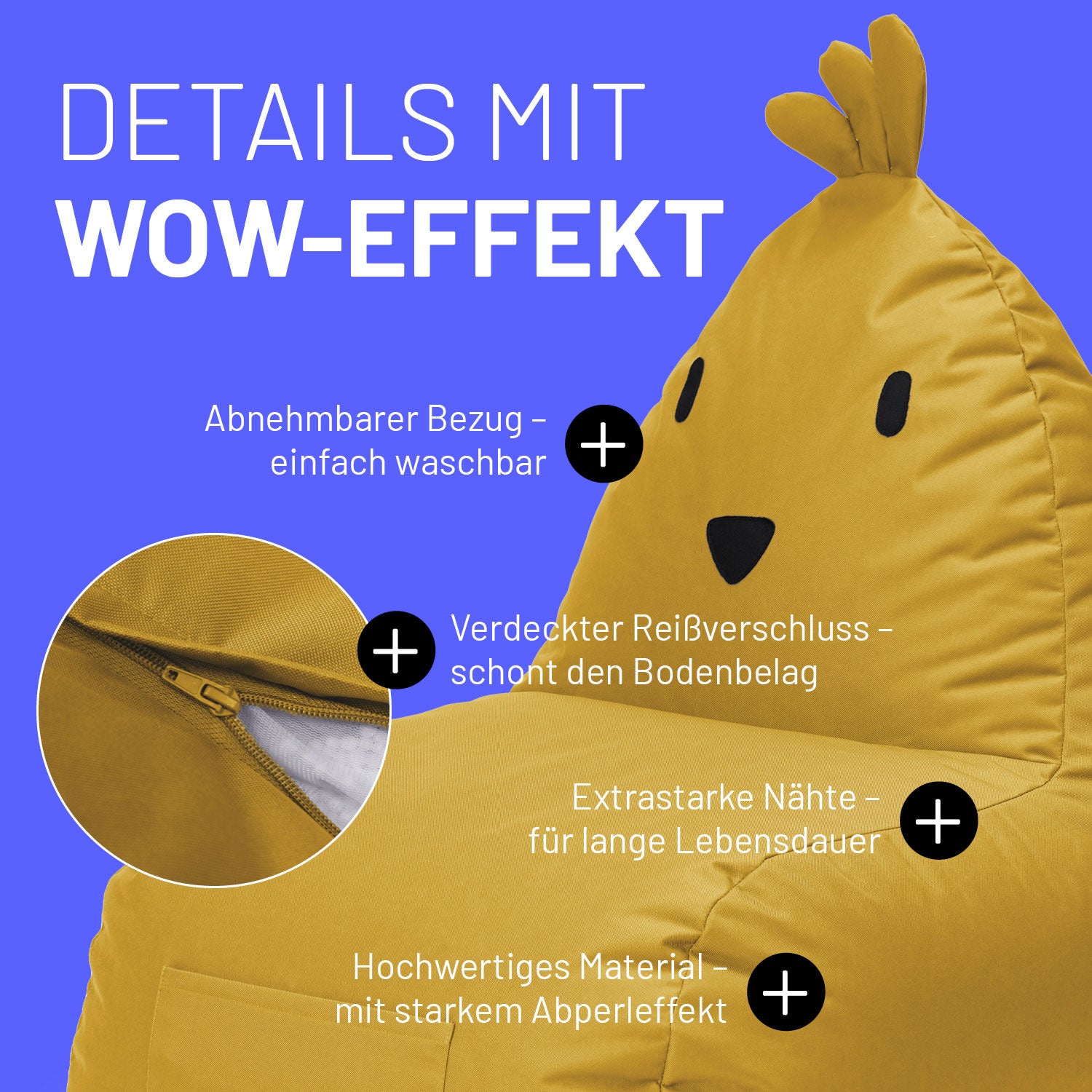 Kindersitzsack Animal Line Chick (200 L) Senfgelb, wasserabweisend, abnehmbarer Bezug, verdeckter Reißverschluss, robust für Indoor & Outdoor.