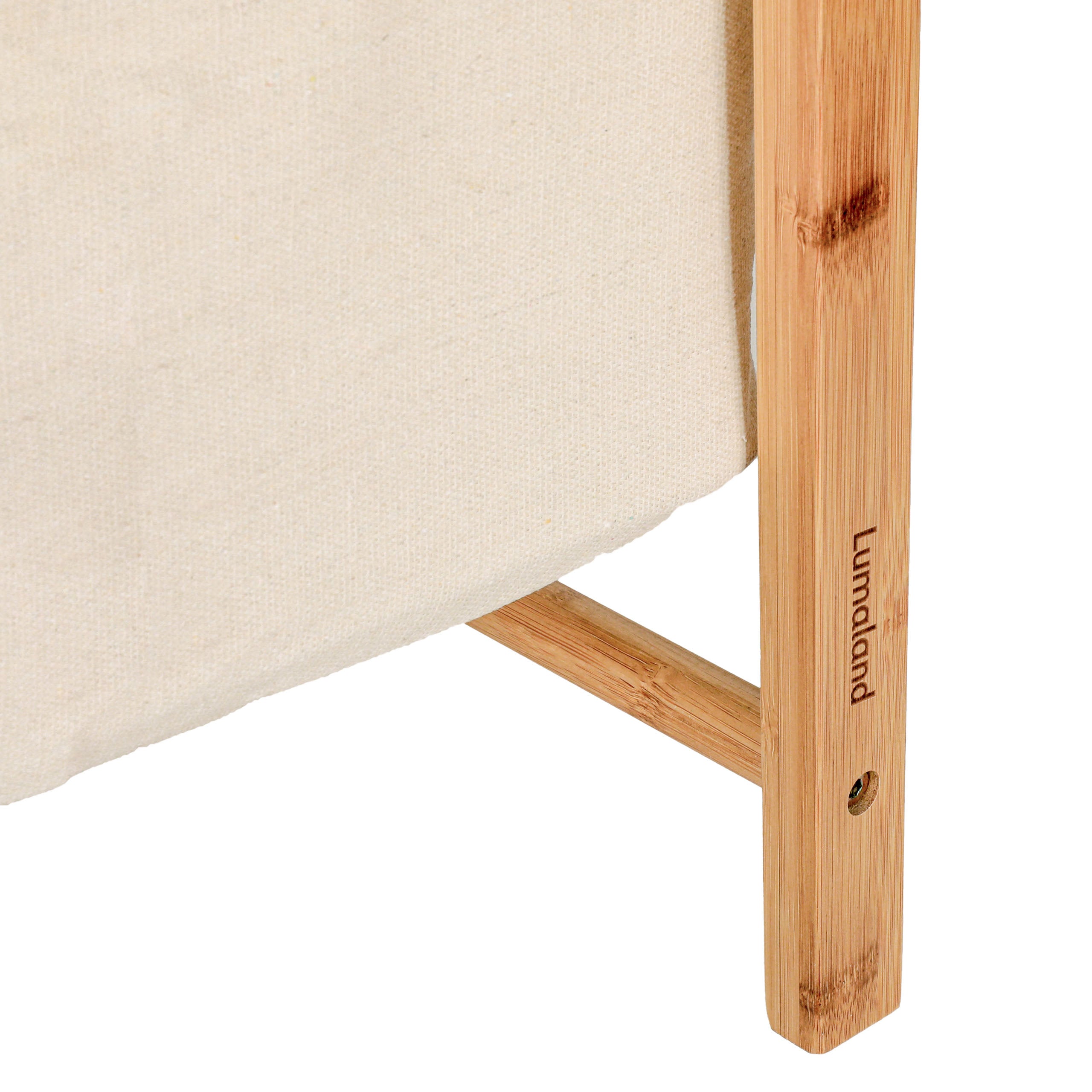 Kleiderständer aus Bambus - 159 x 60 x 45 cm von Lumaland, stabil, naturbelassen und mit integriertem Ablagefach in Beige.