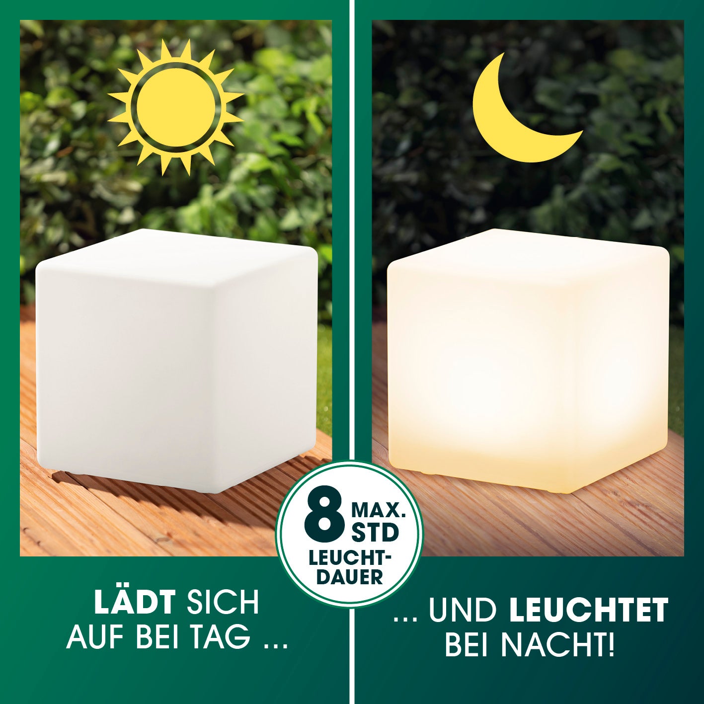 Solar-Leuchte Dekowürfel lädt tagsüber auf und leuchtet nachts bis zu 8 Stunden mit warmweißem Licht und Farbwechsel.