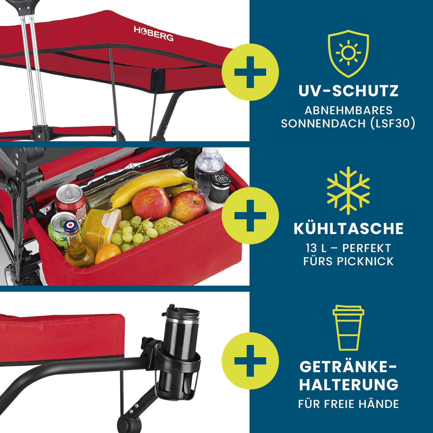 Faltbarer Bollerwagen - Rot mit UV-Schutz Sonnendach, 13L Kühltasche und praktischem Getränkehalter von HOBERG.