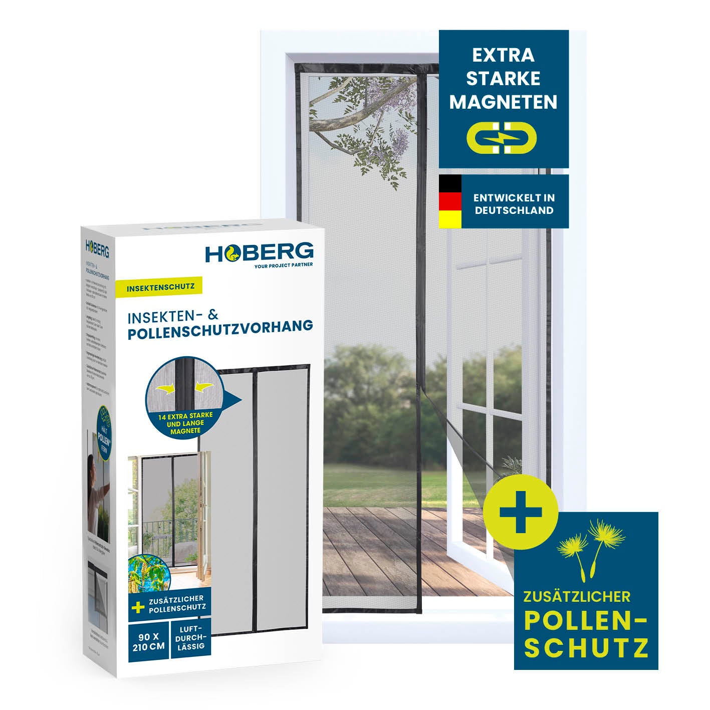 Insekten- & Pollenschutzvorhang – 90 x 210 cm mit XXL-Magnetbändern, luftdurchlässig, ideal für Balkon- und Terrassentüren, Marke HOBERG.