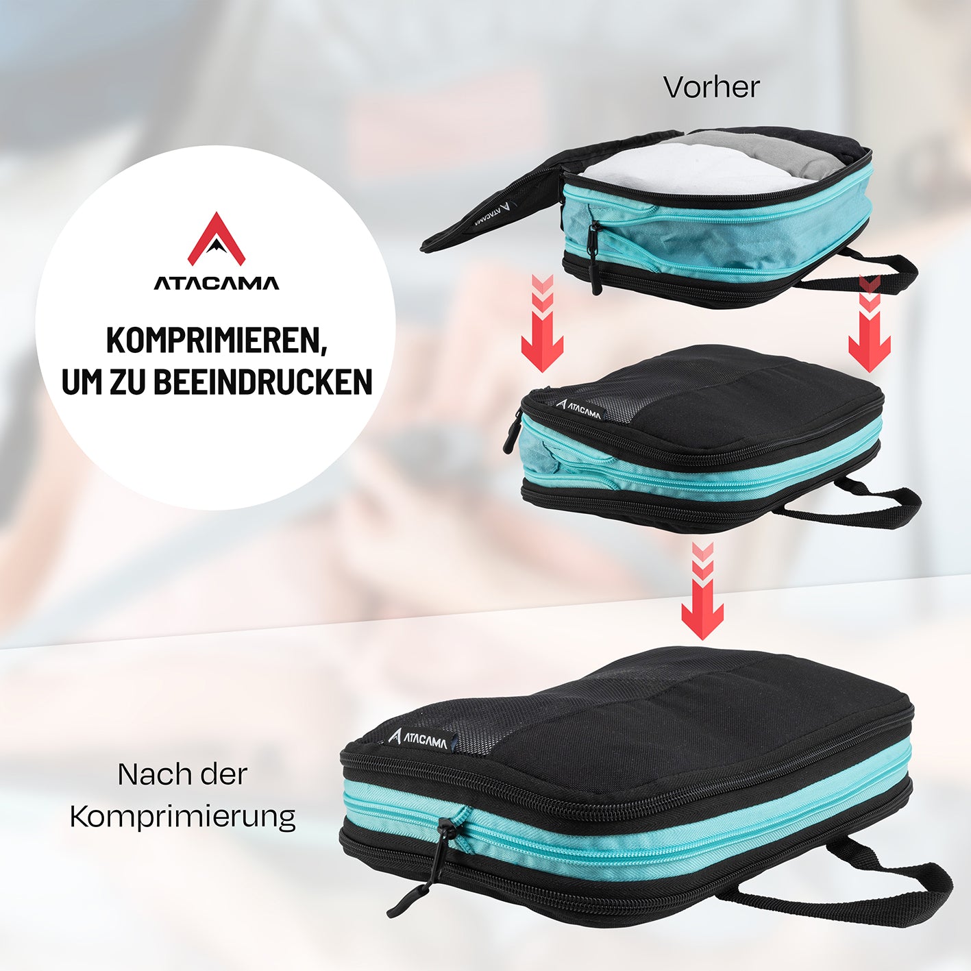 Packtaschen mit Kompression - 8er-Set - Schwarz zeigt das Volumen vor und nach der Komprimierung zum Platzsparen beim Reisen.