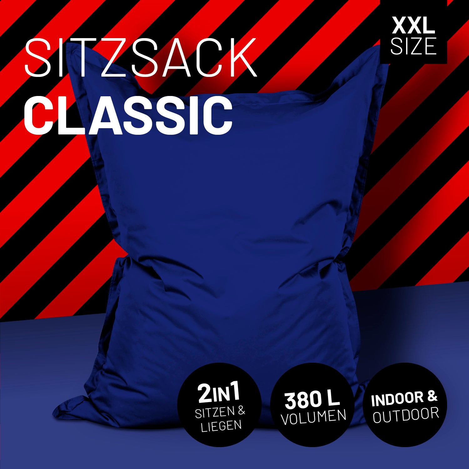 Sitzsack Classic XXL (380 L) in Dunkelblau, vielseitig für drinnen & draußen, mit 2in1 Sitz- und Liegemöglichkeit, hoher Qualität und Volumen.