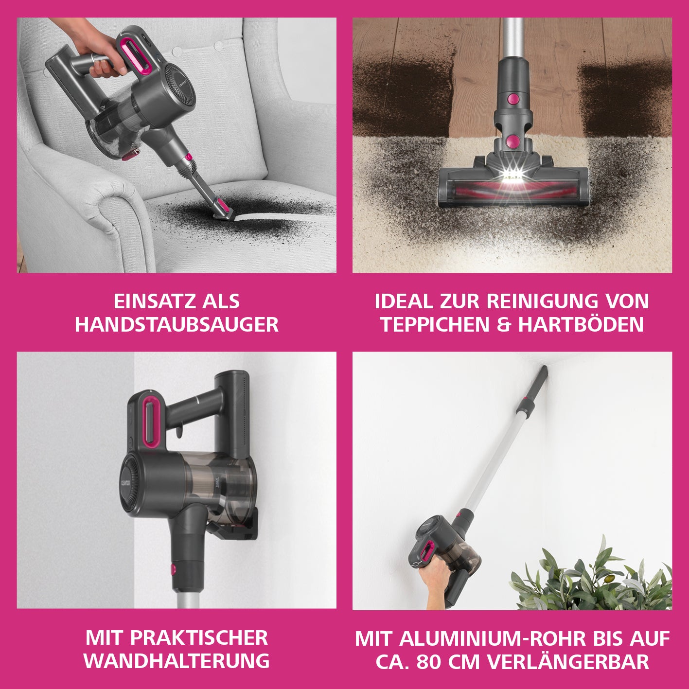Akku-Zyklon-Staubsauger anthrazit/pink mit 3-fach-Filter, Power Rotation Düse, 22,2 V Akku, Handstaubsauger und Aluminium-Verlängerungsrohr.