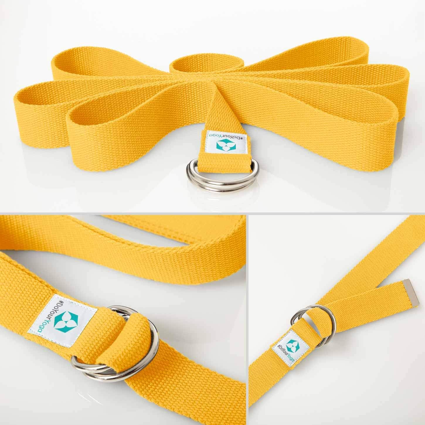 Yogagurt Madira - 250 x 3,8 cm - Gelb, leichter Yoga-Gurt für bessere Dehnung und Flexibilität, einfach aufrollbar und waschbar bis 40 Grad.