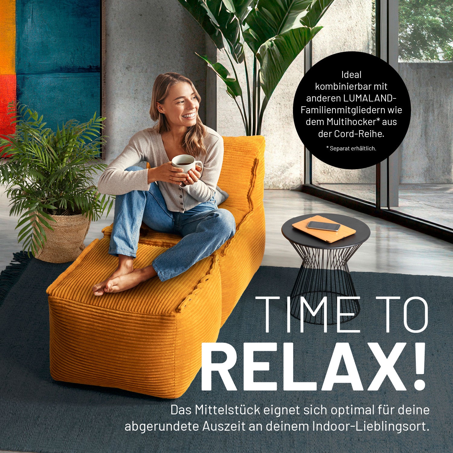 Modulares Mittelteil aus der Cord-Reihe - Senfgelb mit geripptem Stoff, gemütlich und perfekt kombinierbar für modernes Wohnen.