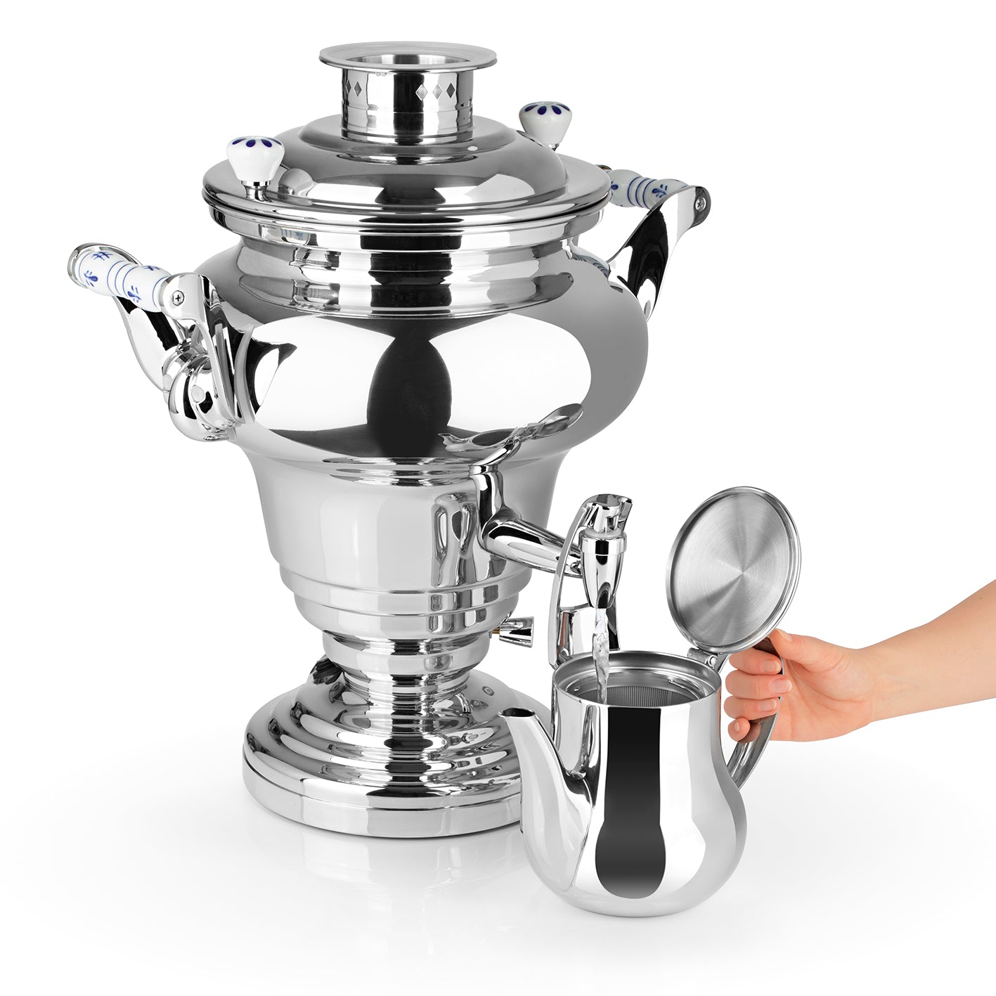 ROYAL+ Samowar - 15 L elektrischer Edelstahl-Samowar mit Dispenser und Teekanne, ideal für Hotel und Gastro.