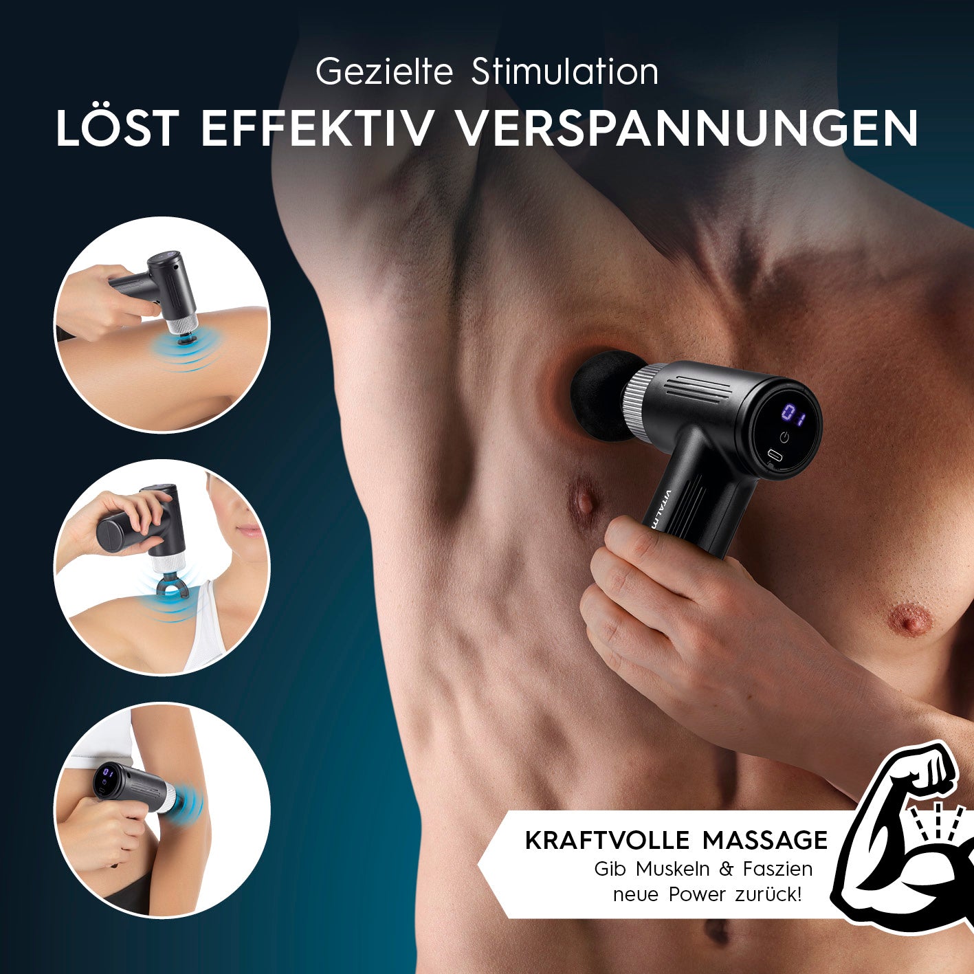 Massagegerät Mini-Gun - schwarz/silber für kraftvolle Massage, löst Verspannungen, 6 Stufen, 4 Aufsätze, kabelloser Betrieb bis 90 Min.