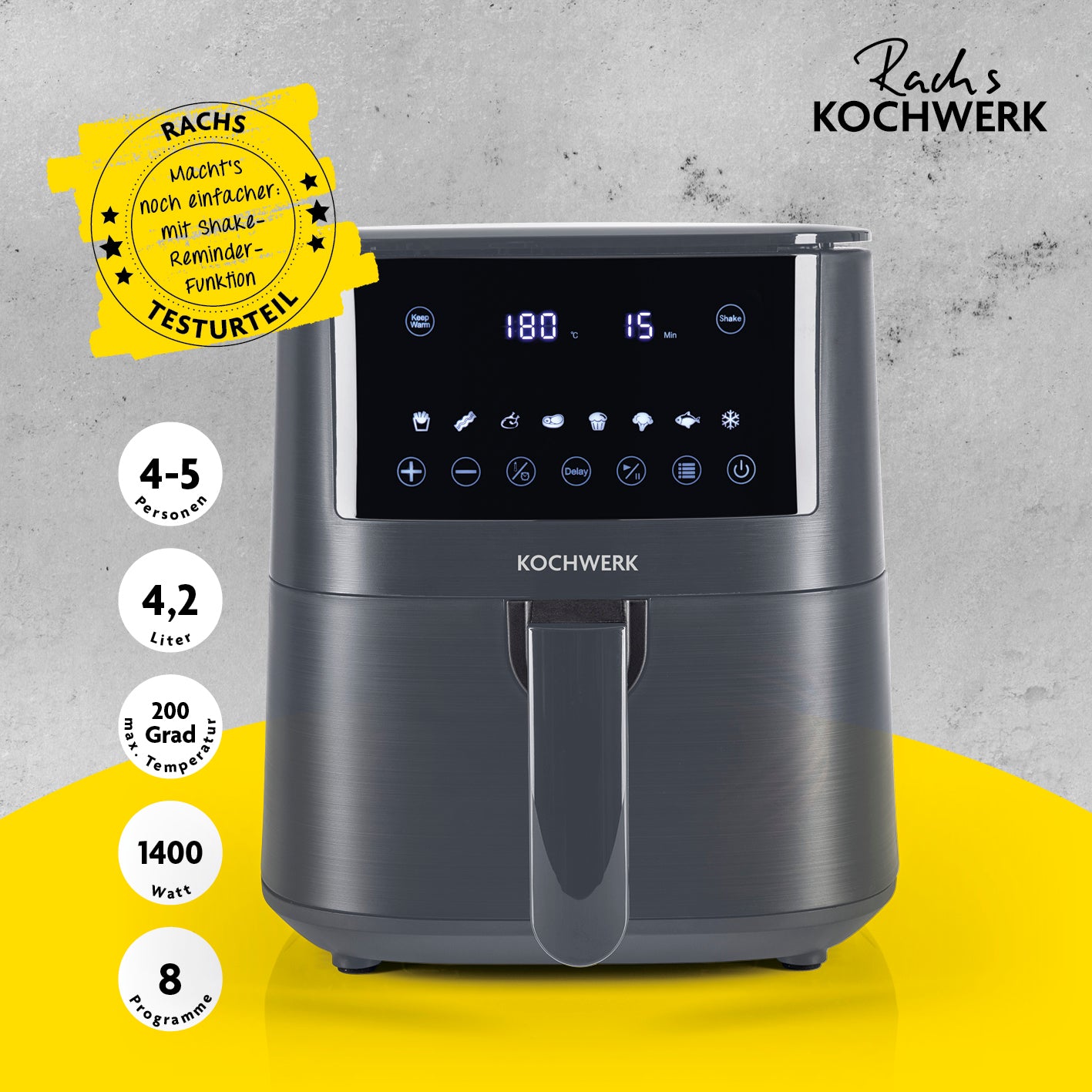 Heißluft-Fritteuse Digital 4,2l mit Erinnerungsfunktion von Kochwerk mit 8 Programmen und Shake-Reminder für einfache Bedienung.