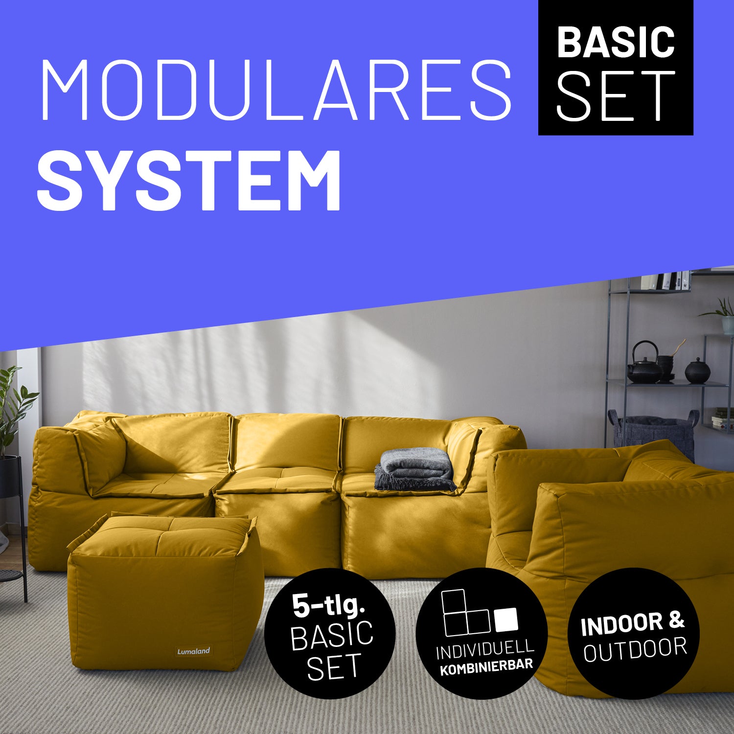 Basic Set (5-tlg.) - Modulares System in Senfgelb, outdoorfähig, pflegeleicht mit abwischbaren Bezügen und robusten Nähten.