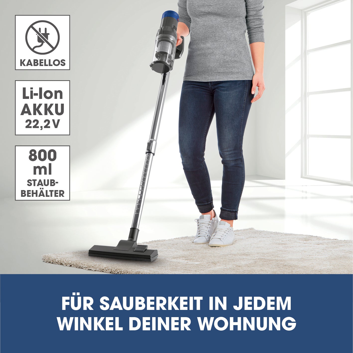 Kabelloser Hand- und Bodenstaubsauger mit Zyklontechnologie - anthrazit/blau, kabellos, 22,2 V Akku, 800 ml Staubbehälter, leichtes Handling.