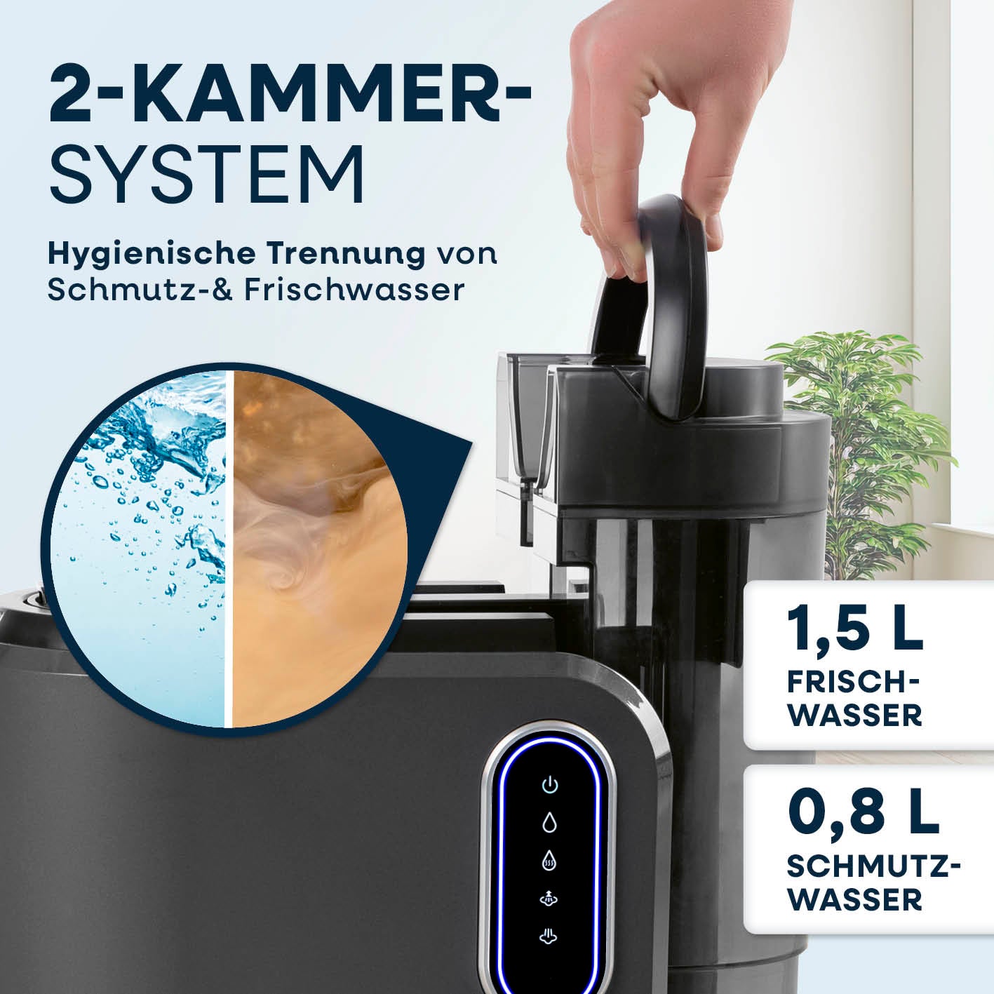 Polster- & Teppichreiniger Pro Steam mit 2-Kammer-System zur hygienischen Trennung von Schmutz- und Frischwasser.