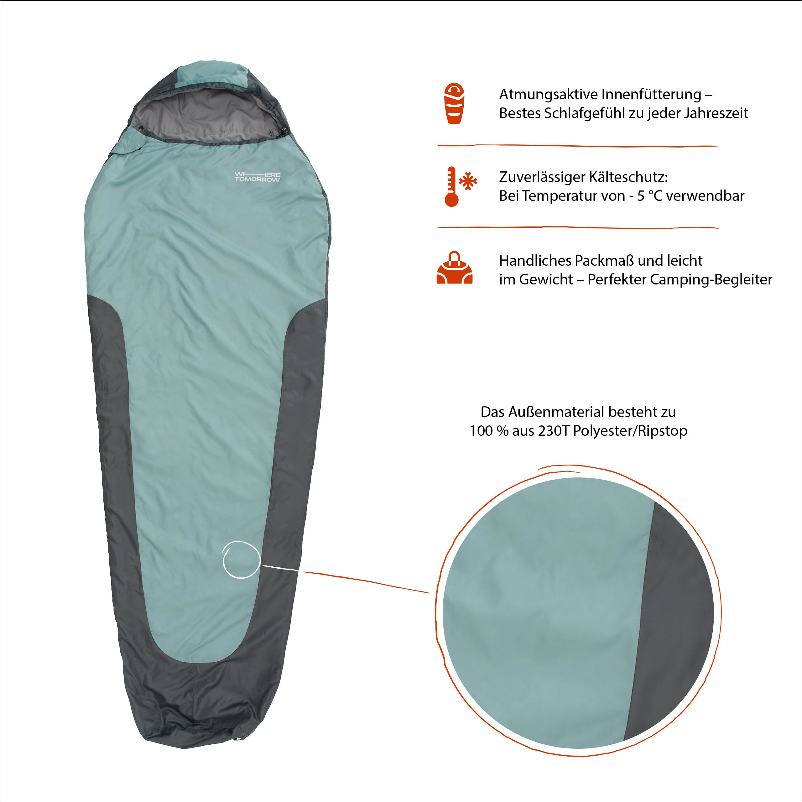 Schlafsack Small & Light - Mumienschlafsack mit Tasche - 220 x 80 x 50 cm - Hellblau-Grau
