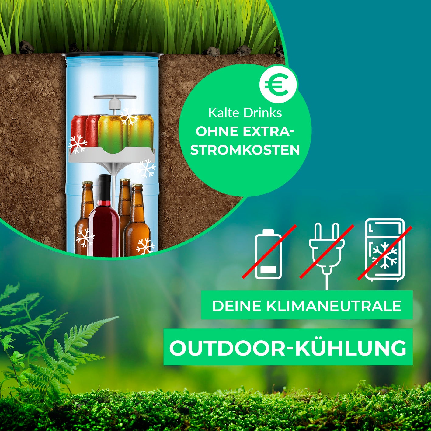 Outdoor-Flaschenkühler für bis zu 13 Flaschen, stromlose, klimaneutrale Outdoor-Kühlung ohne Stromkosten, robust und kompakt.