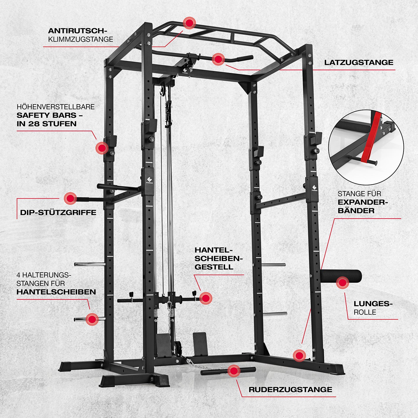 Power Rack mit Latzug, Klimmzugstange, höhenverstellbaren Safety Bars und Hantelscheiben-Ablage für vielseitiges Krafttraining.