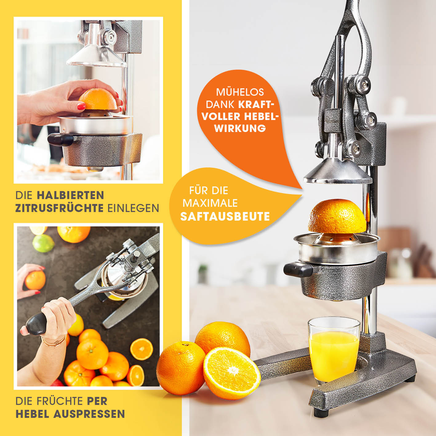 Manuelle Saftpresse - Silber mit kraftvoller Hebelwirkung für müheloses Auspressen von Zitrusfrüchten und maximaler Saftausbeute.