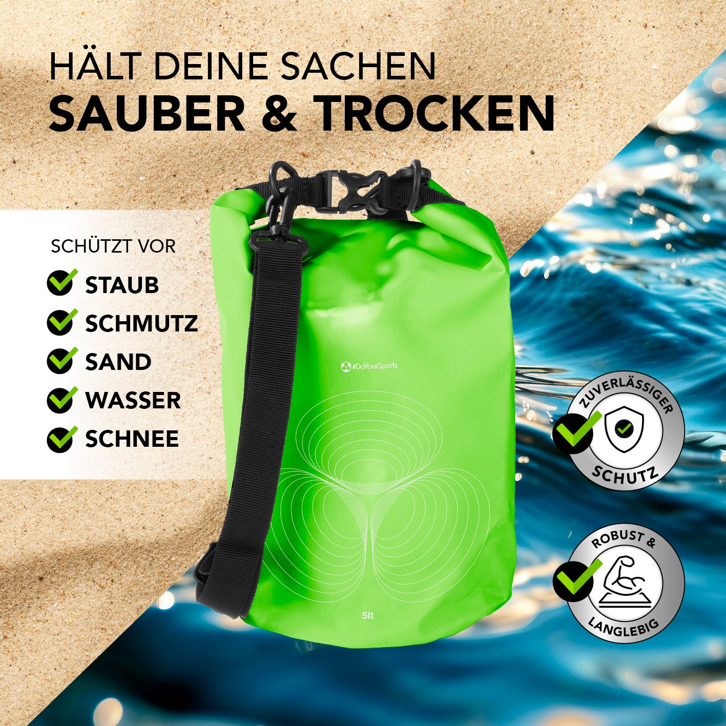 Dry Bag 5L - Grün, wasserdichter, robuster Outdoor-Rucksack mit Rolltop-Verschluss zum Schutz vor Staub, Schmutz, Sand, Wasser und Schnee.
