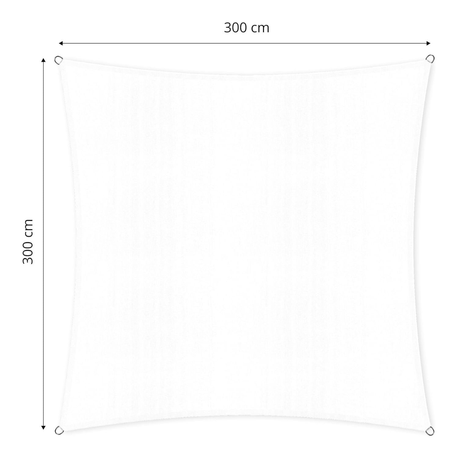 Sonnensegel 100% HDPE mit Stabilisator für UV-Schutz Quadrat 3 x 3 Meter Weiß mit Befestigungsringen und UV-Schutzfaktor 30+