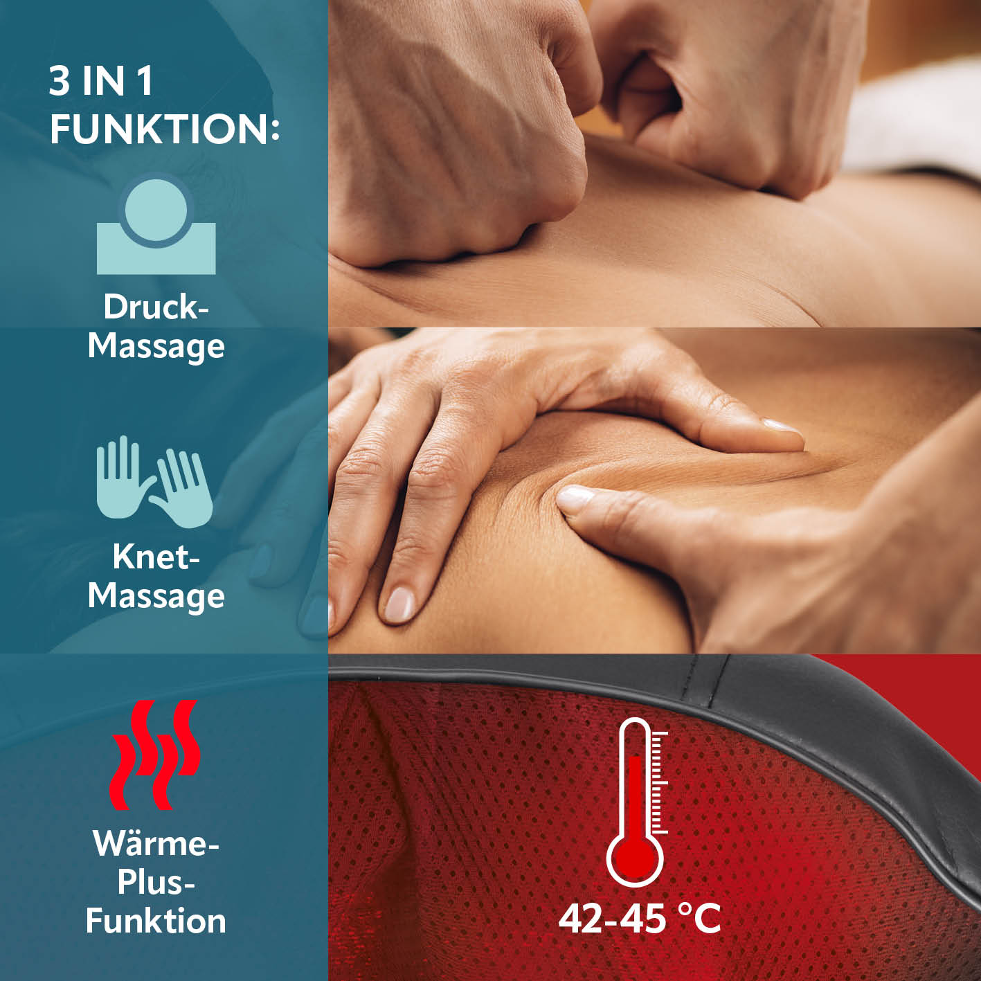 Shiatsu-Massagegerät zeigt Druck- und Knetmassage mit Wärmefunktion bei 42-45 °C für gezielte Muskelentspannung.