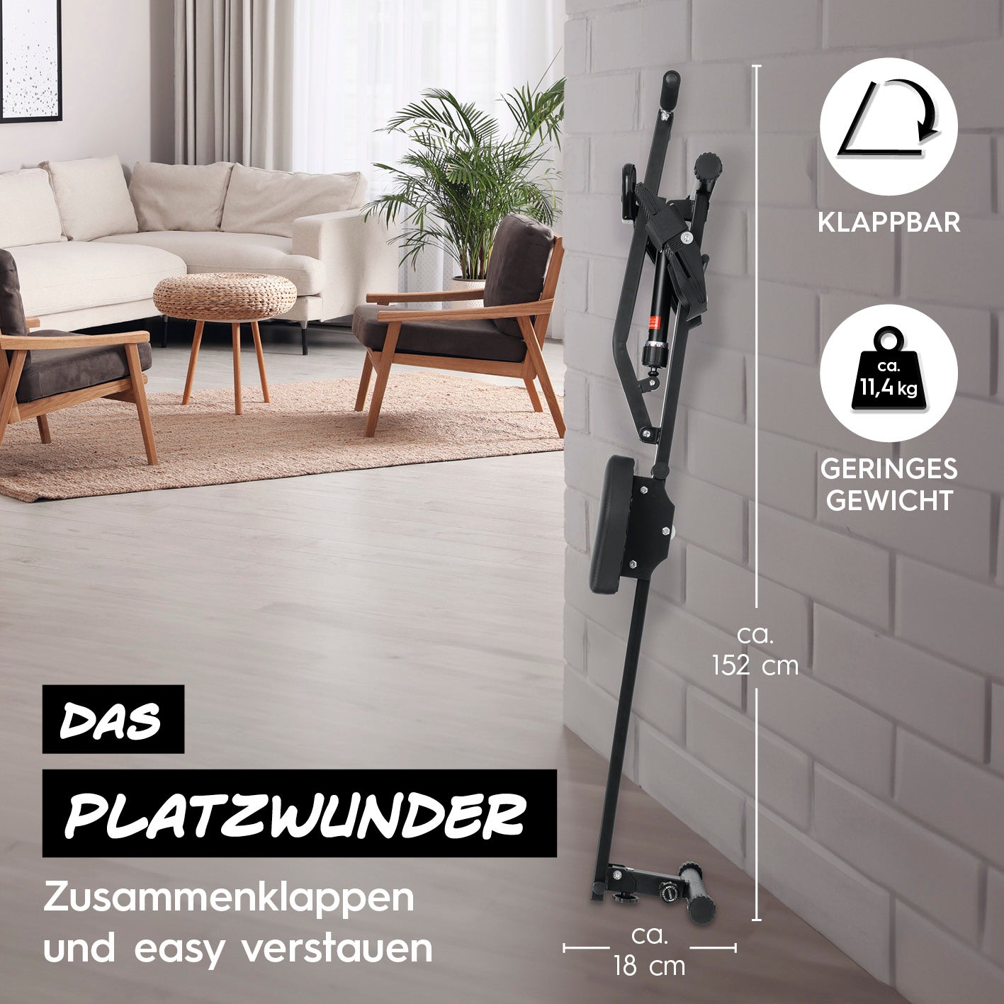 Klapp-Rudergerät platzsparend zusammenklappbar, leicht, 152x46x18 cm, ideal für effektives Cardio- und Ganzkörpertraining zu Hause.