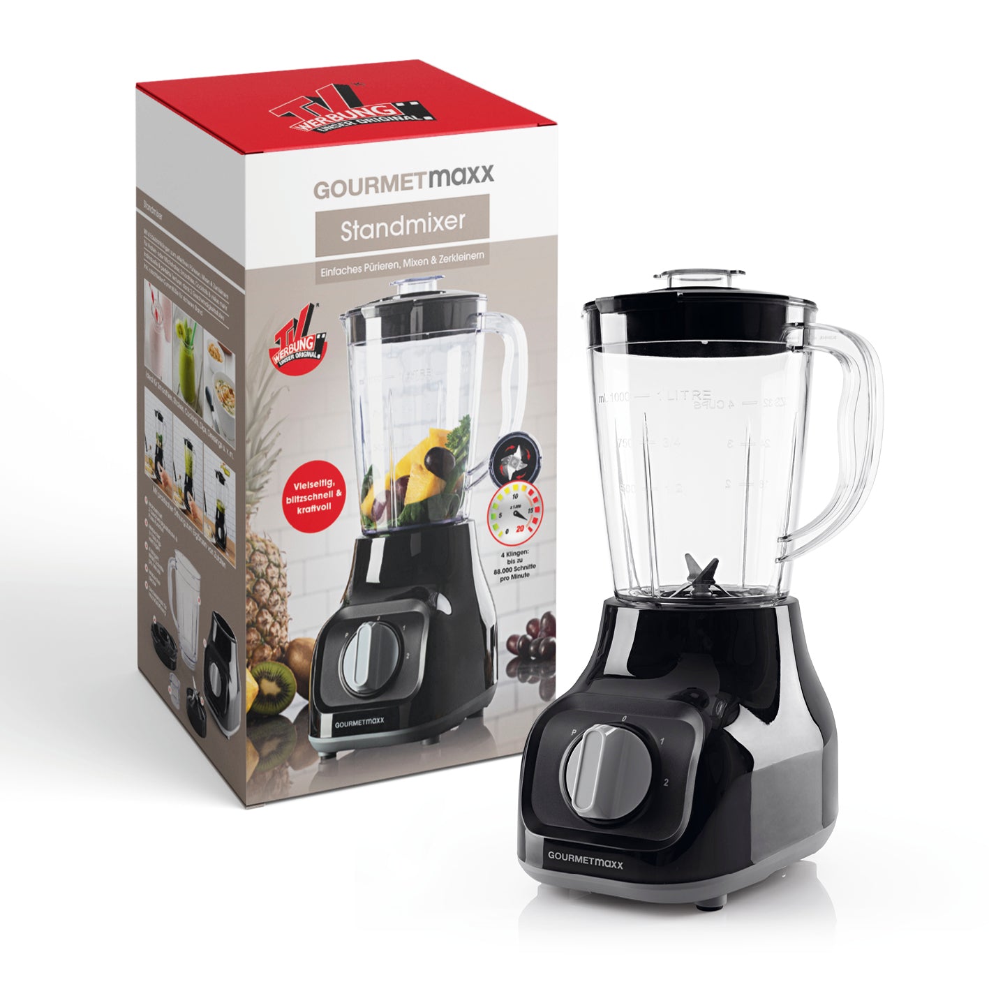 Standmixer - Einfaches Pürieren, Mixen & Zerkleinern mit 4 Edelstahlklingen, 2 Geschwindigkeitsstufen und rutschfesten Gummifüßen.