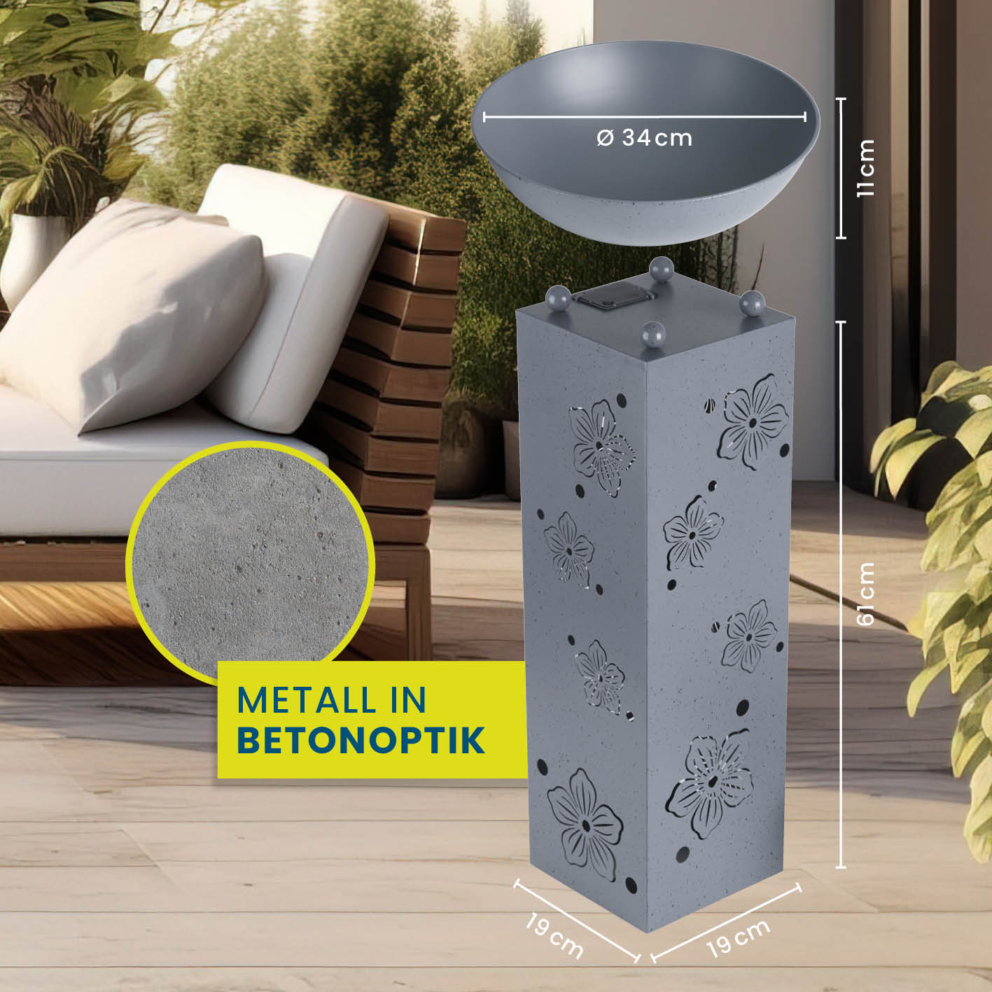 LED Pflanzsäule "Blume" in 3D Beton-Optik mit abnehmbarer Pflanzschale und LED-Beleuchtung, witterungsbeständig und flexibel einsetzbar.