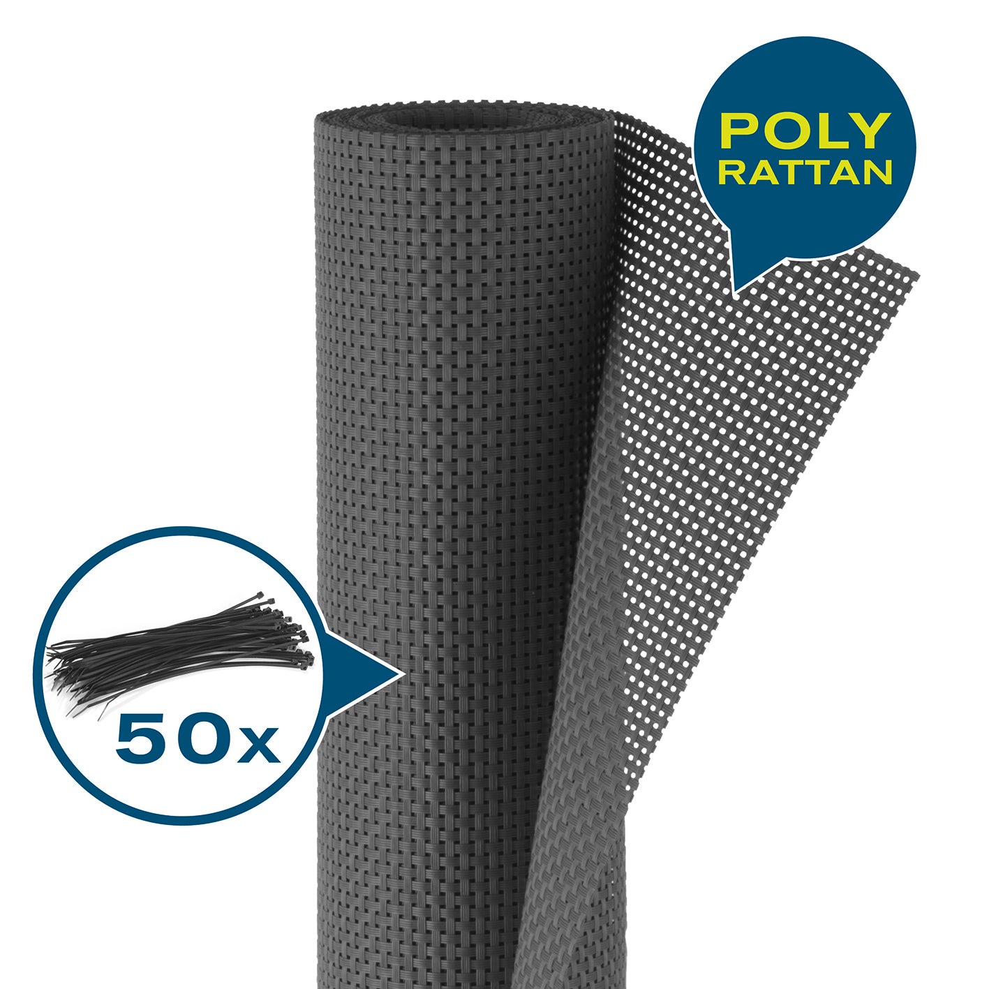 Polyrattan Sicht- und Windschutz in Anthrazit, flexibel, blickdicht, wasserabweisend, UV-beständig, inkl. 50 Kabelbinder, 90x500 cm.