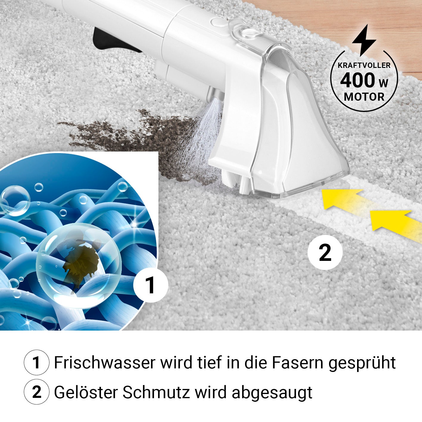 Waschsauger Portable Clean sprüht Frischwasser tief in Fasern und saugt gelösten Schmutz mit kraftvollem 400 W Motor ab.