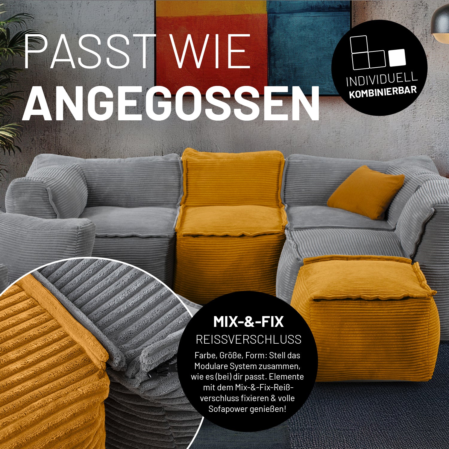 Modulares Basic Set (5-tlg.) aus der Cord-Reihe - Grau mit kombinierbaren Elementen, robustem Outdoor-Boden und trendigem Design.