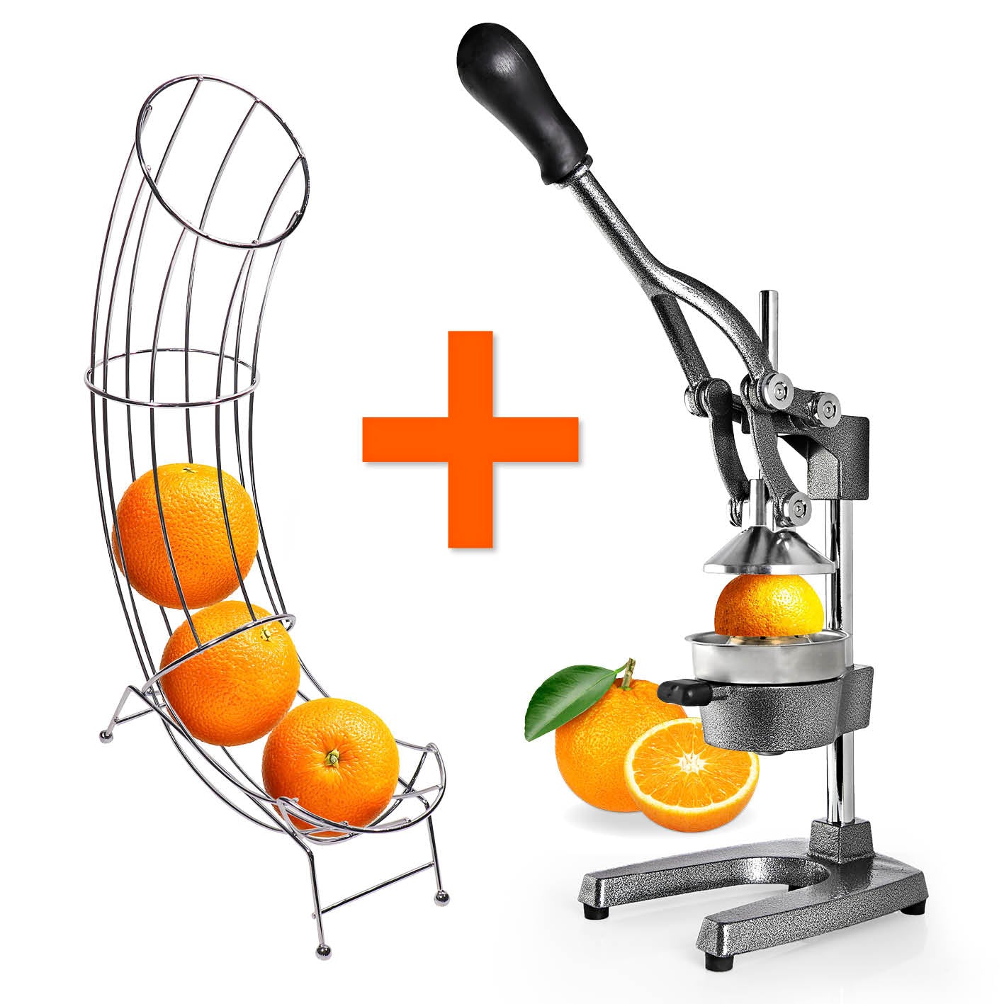 Manuelle Saftpresse + Orangenständer - Silber mit Orangenhalter für bis zu 6 Früchte und robuster Gusseisen-Presse.